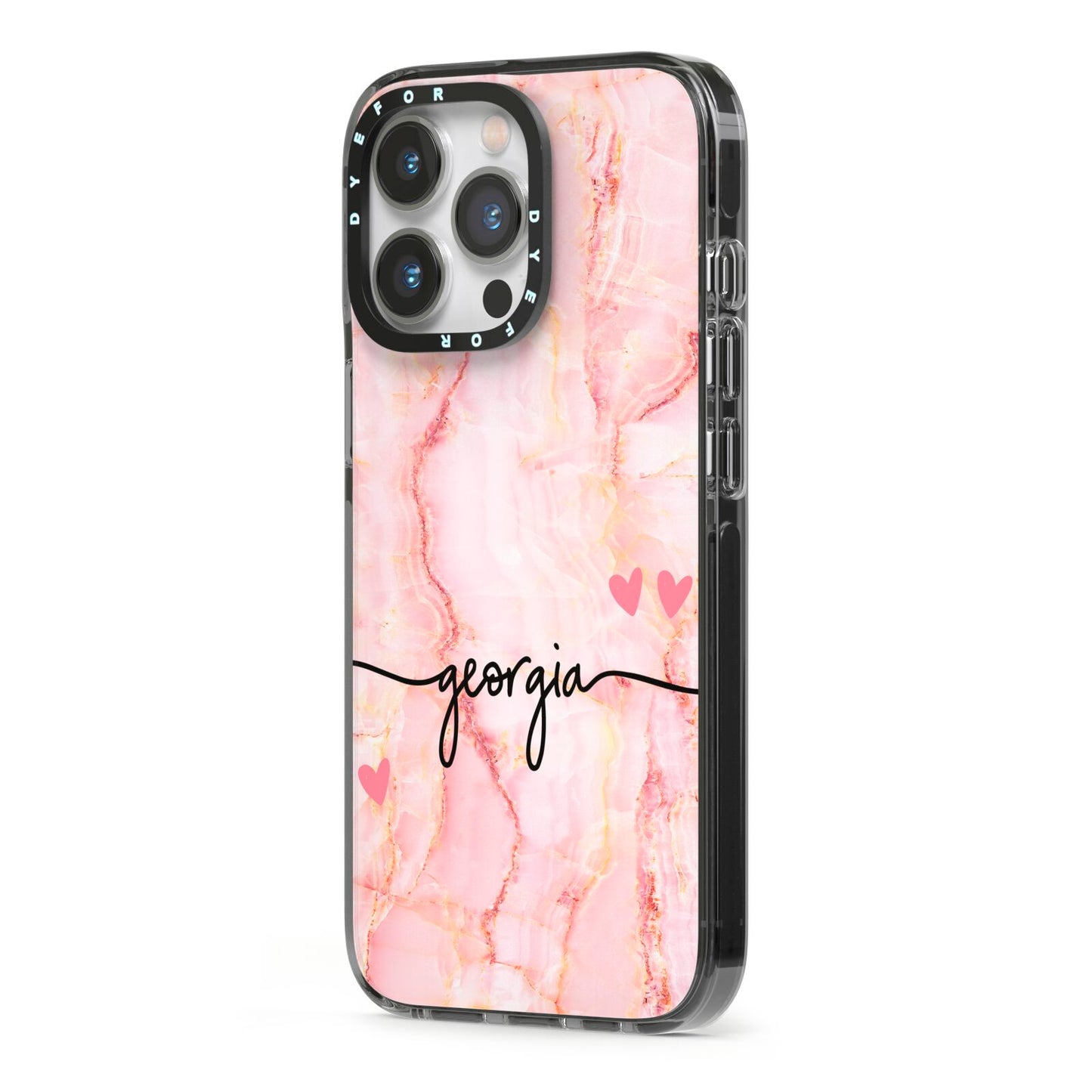 Personalised Pink Gold Agate Handwriting Text iPhone 13 Pro Black Impact Case Side Angle on Silver phone