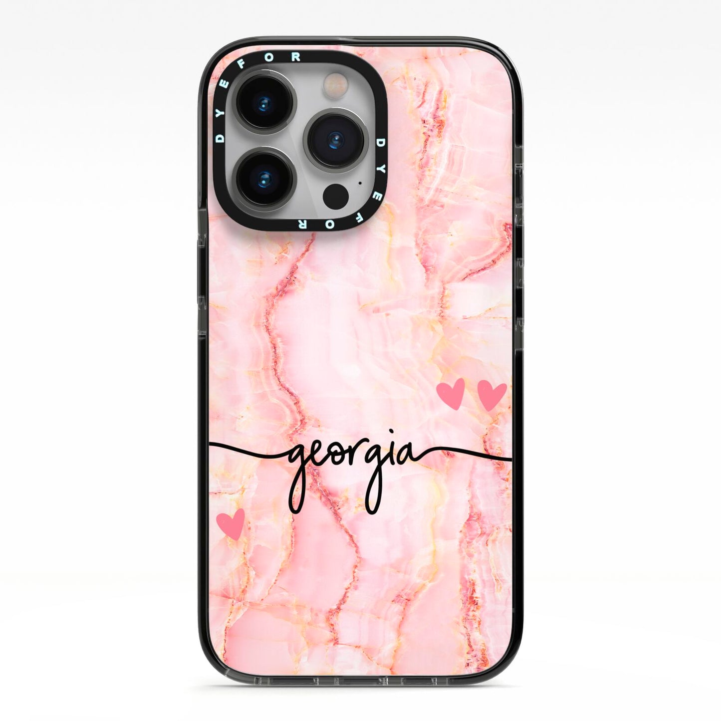 Personalised Pink Gold Agate Handwriting Text iPhone 13 Pro Black Impact Case on Silver phone