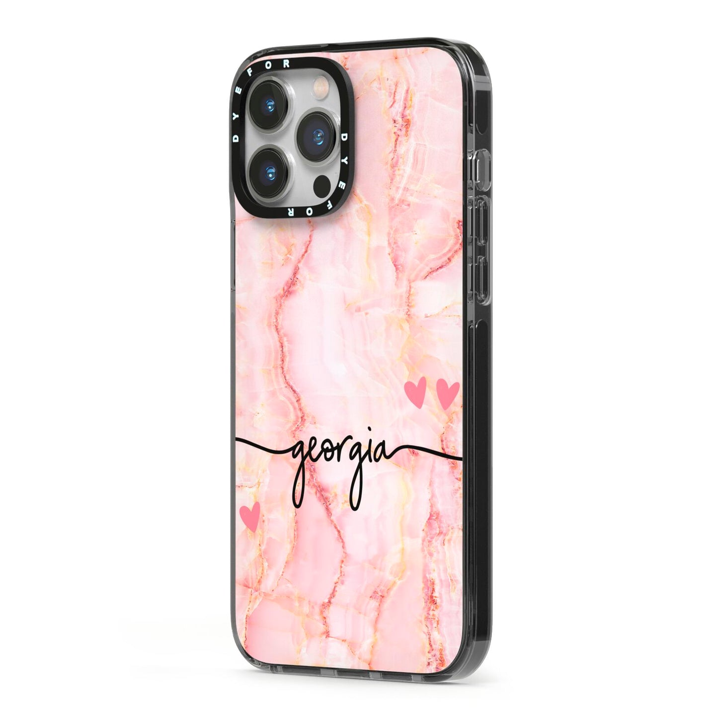 Personalised Pink Gold Agate Handwriting Text iPhone 13 Pro Max Black Impact Case Side Angle on Silver phone