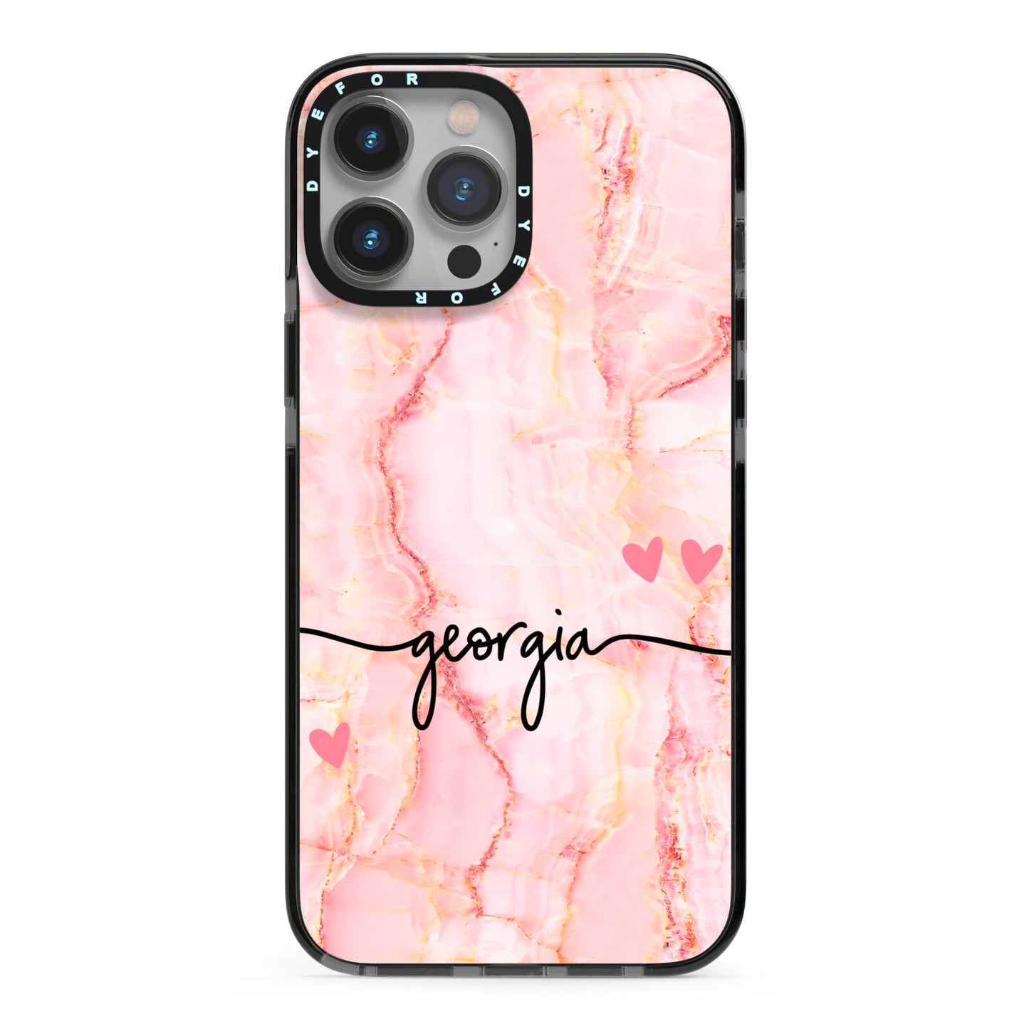 Personalised Pink Gold Agate Handwriting Text iPhone 13 Pro Max Black Impact Case on Silver phone