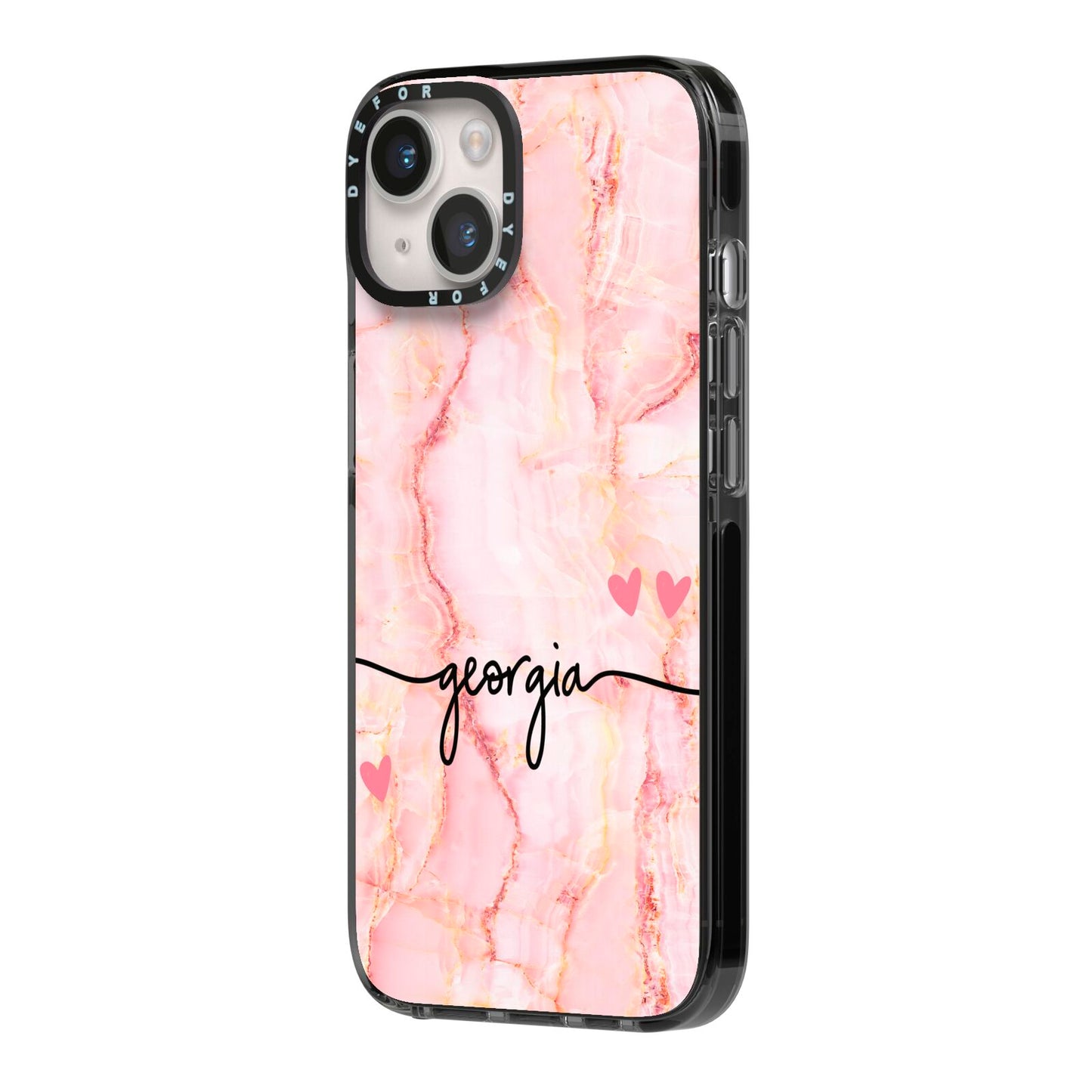 Personalised Pink Gold Agate Handwriting Text iPhone 14 Black Impact Case Side Angle on Silver phone