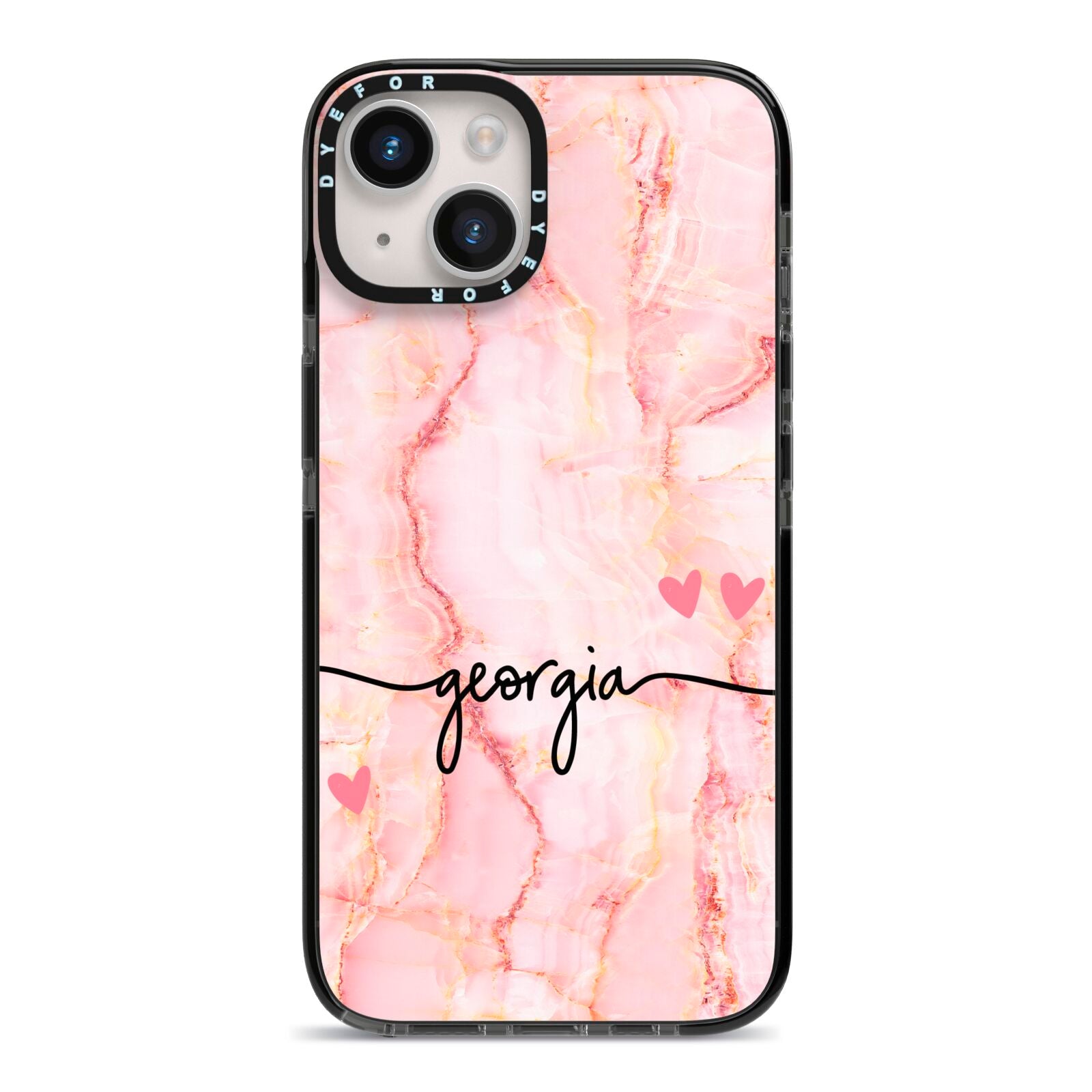 Personalised Pink Gold Agate Handwriting Text iPhone 14 Black Impact Case on Silver phone