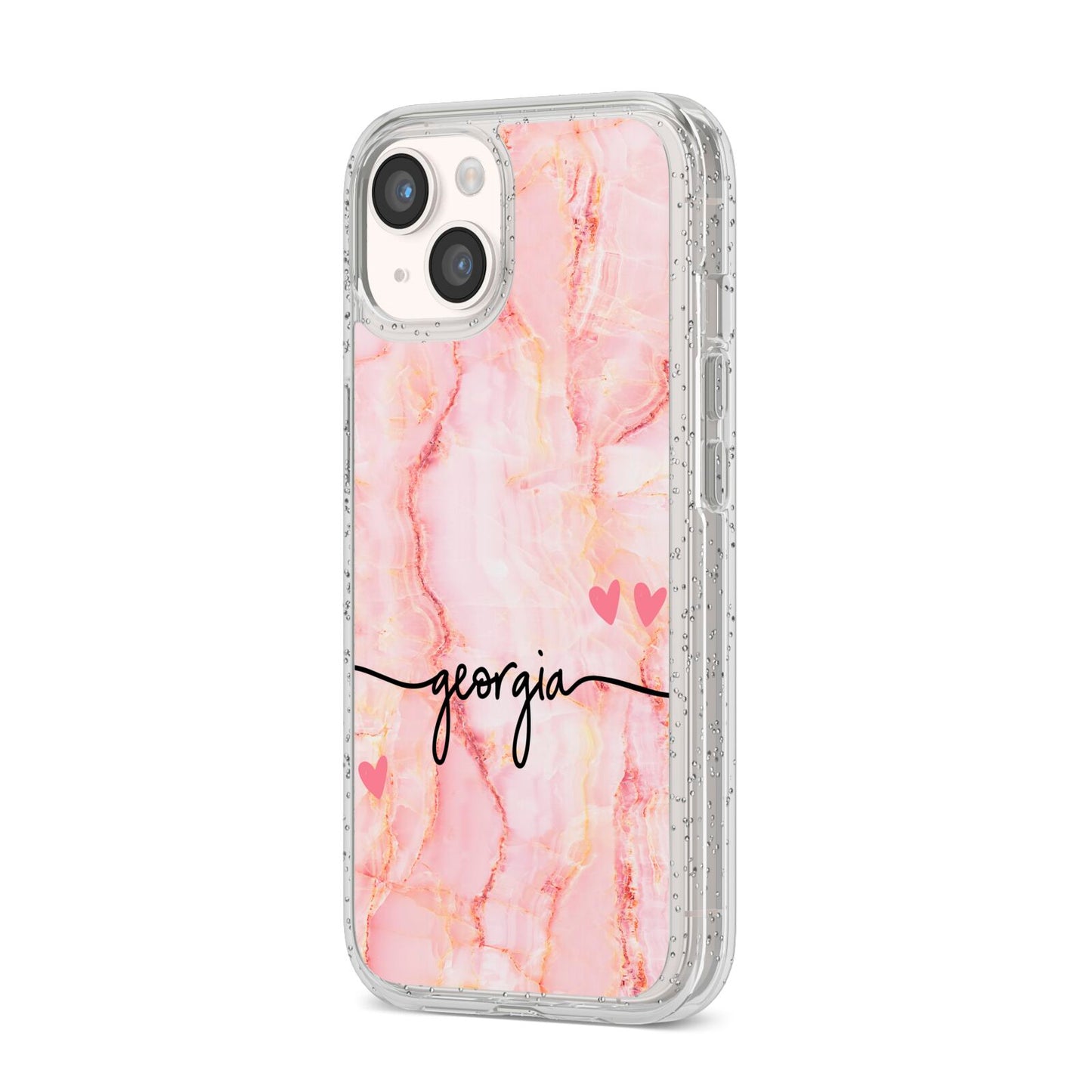 Personalised Pink Gold Agate Handwriting Text iPhone 14 Glitter Tough Case Starlight Angled Image