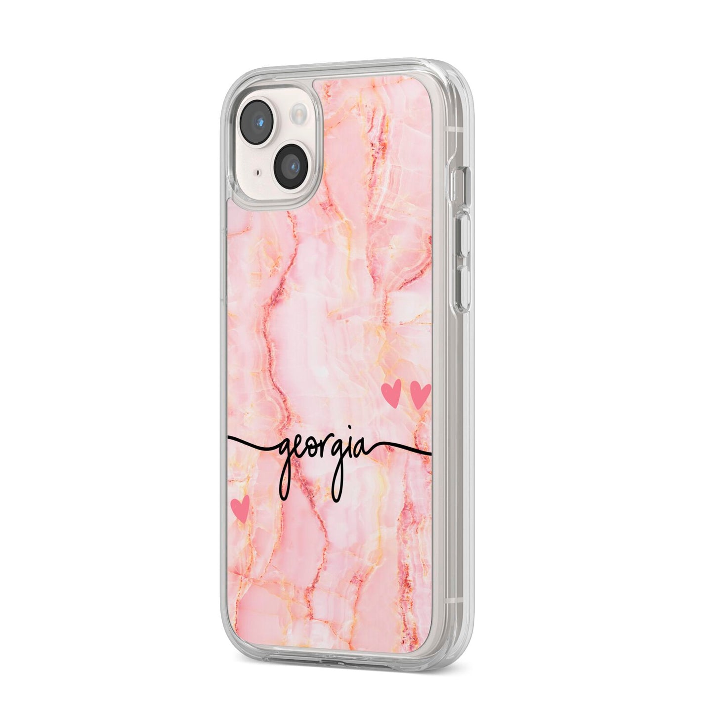 Personalised Pink Gold Agate Handwriting Text iPhone 14 Plus Clear Tough Case Starlight Angled Image