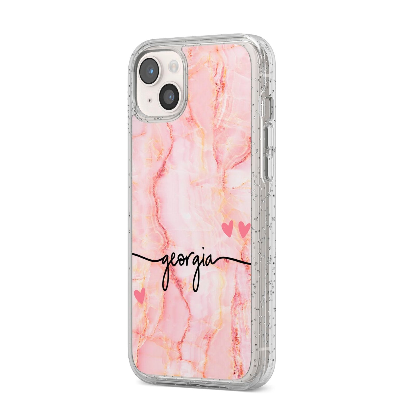 Personalised Pink Gold Agate Handwriting Text iPhone 14 Plus Glitter Tough Case Starlight Angled Image