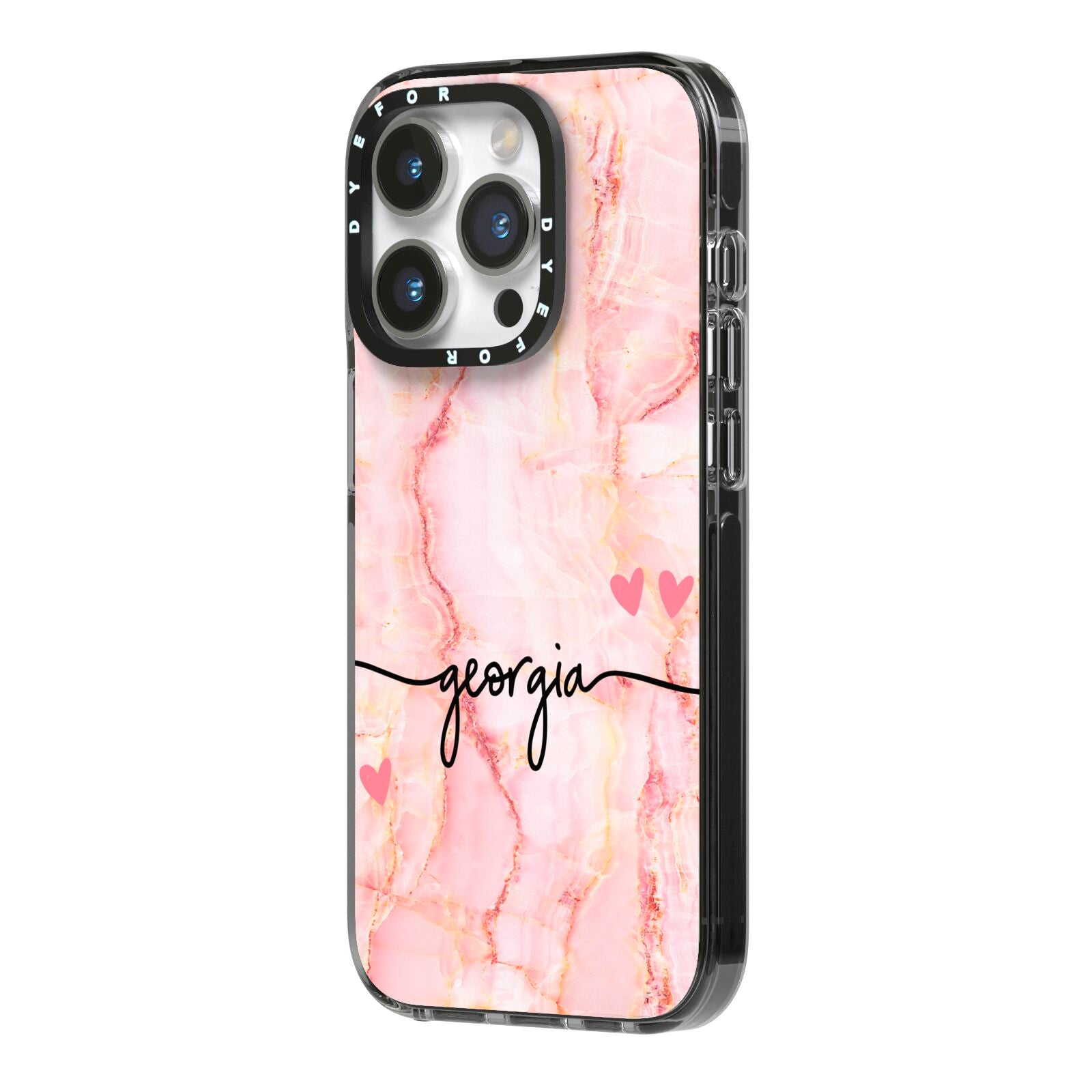 Personalised Pink Gold Agate Handwriting Text iPhone 14 Pro Black Impact Case Side Angle on Silver phone