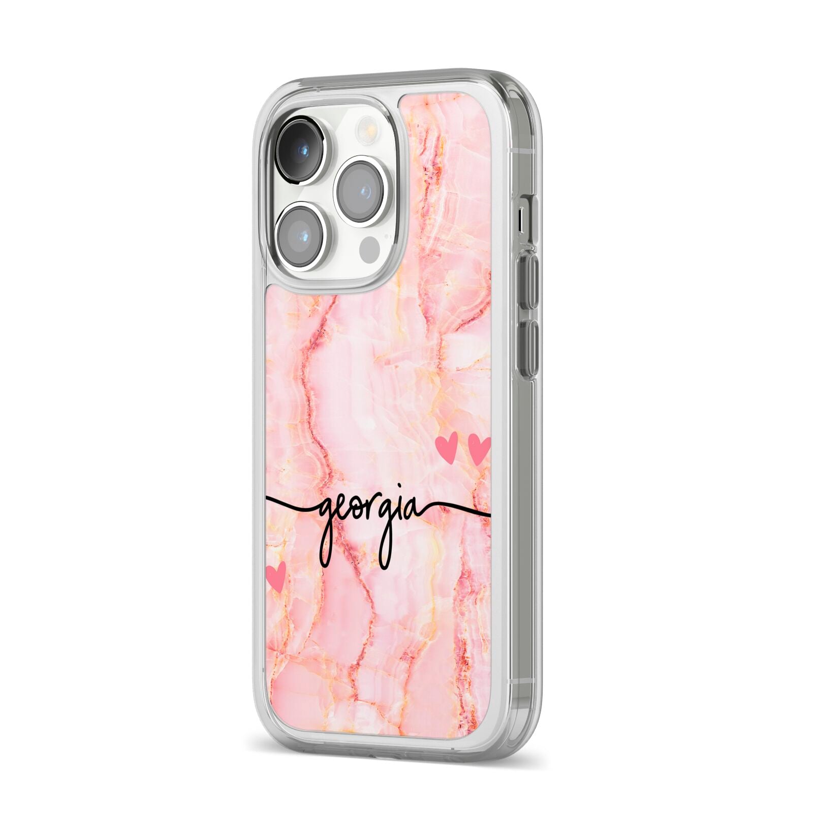 Personalised Pink Gold Agate Handwriting Text iPhone 14 Pro Clear Tough Case Silver Angled Image