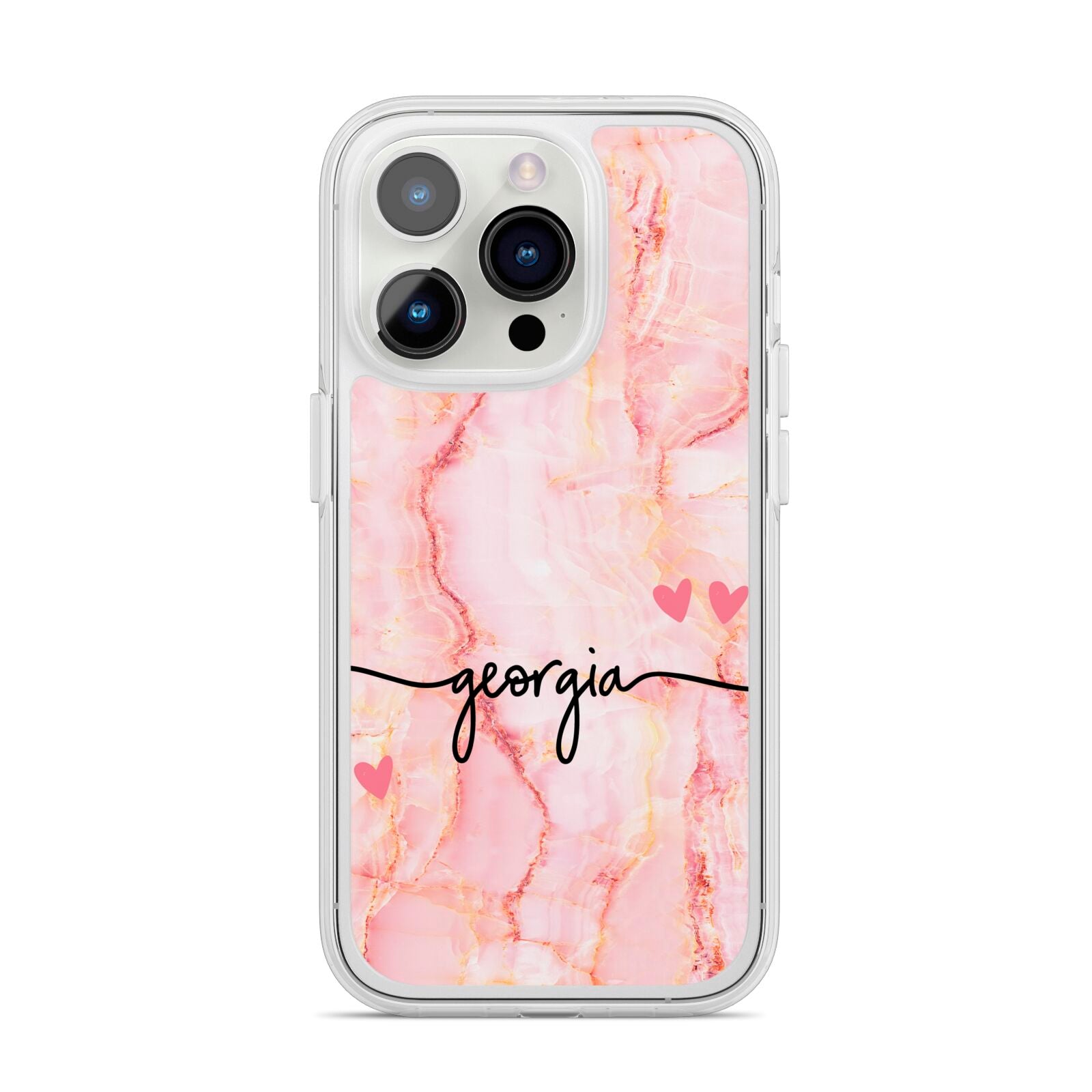 Personalised Pink Gold Agate Handwriting Text iPhone 14 Pro Clear Tough Case Silver