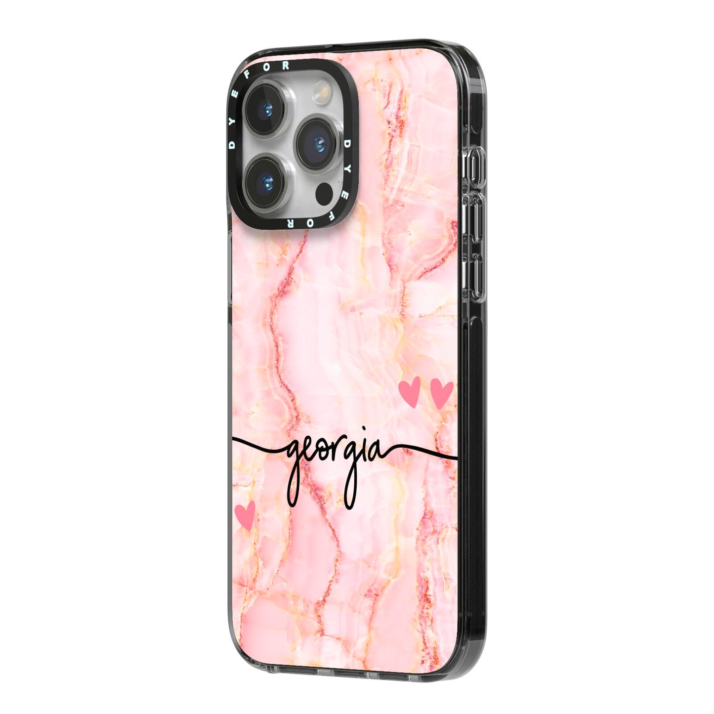 Personalised Pink Gold Agate Handwriting Text iPhone 14 Pro Max Black Impact Case Side Angle on Silver phone