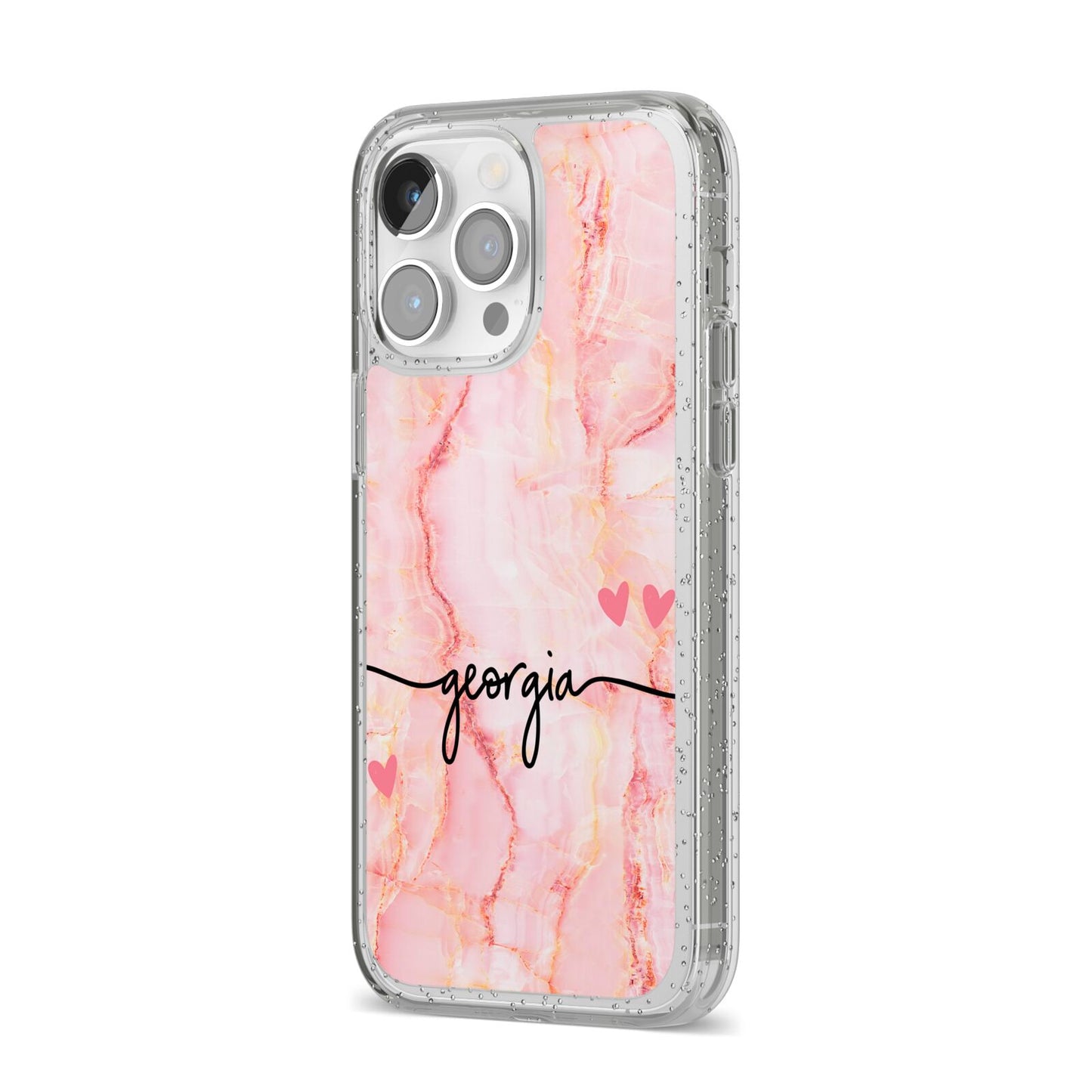 Personalised Pink Gold Agate Handwriting Text iPhone 14 Pro Max Glitter Tough Case Silver Angled Image