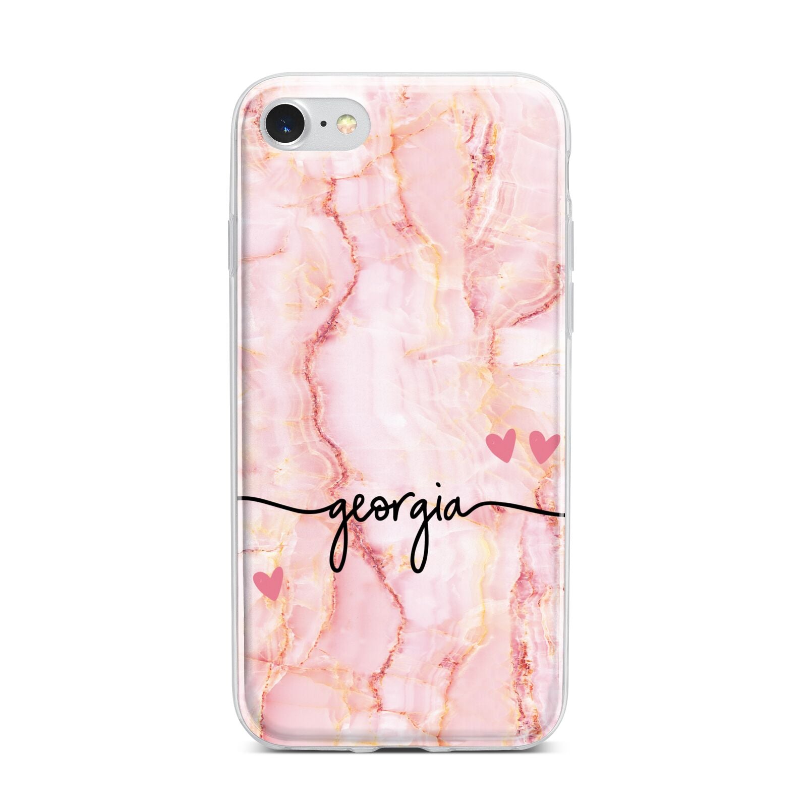 Personalised Pink Gold Agate Handwriting Text iPhone 7 Bumper Case on Silver iPhone