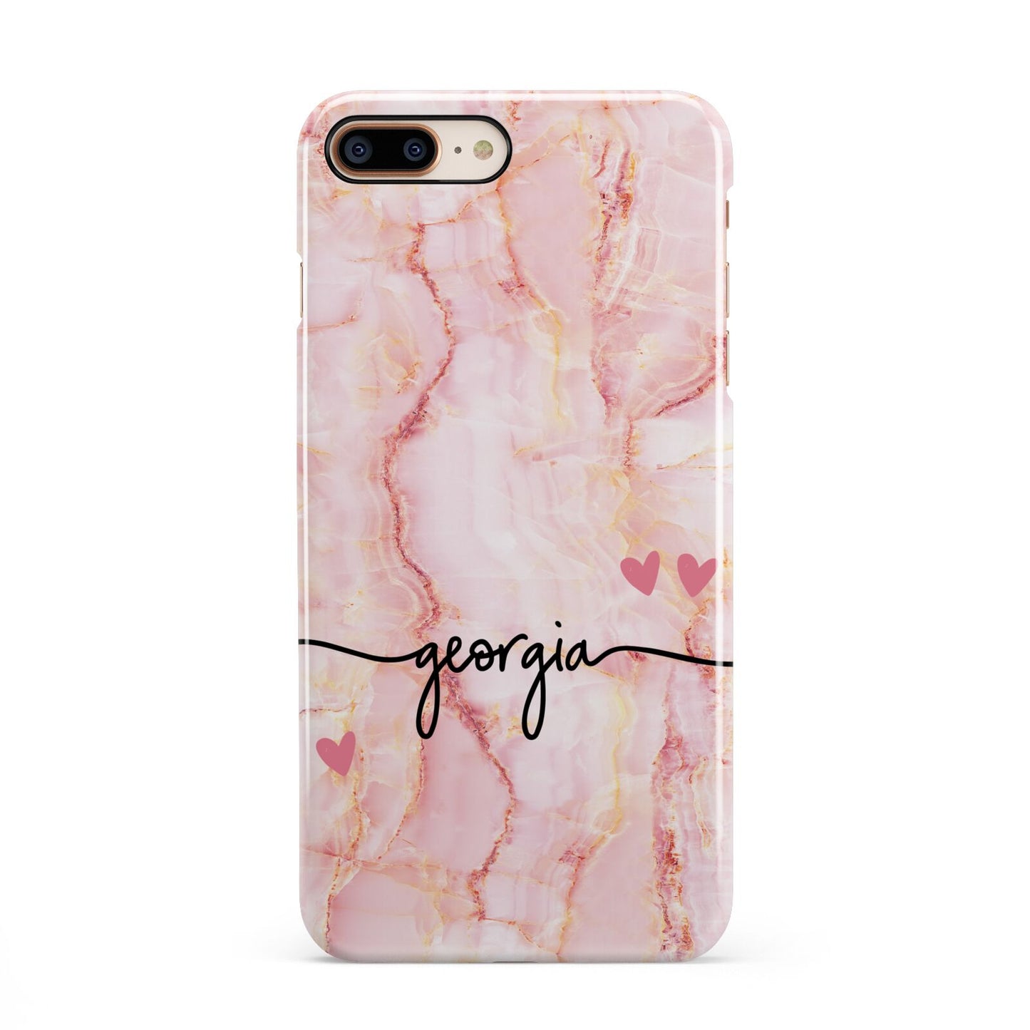 Personalised Pink Gold Agate Handwriting Text iPhone 8 Plus 3D Snap Case on Gold Phone