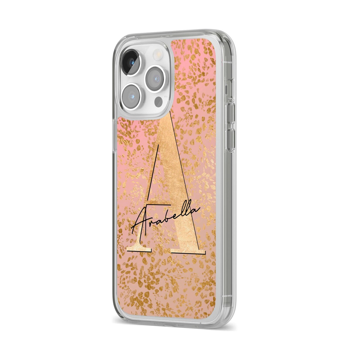 Personalised Pink Gold Cheetah iPhone 14 Pro Max Clear Tough Case Silver Angled Image