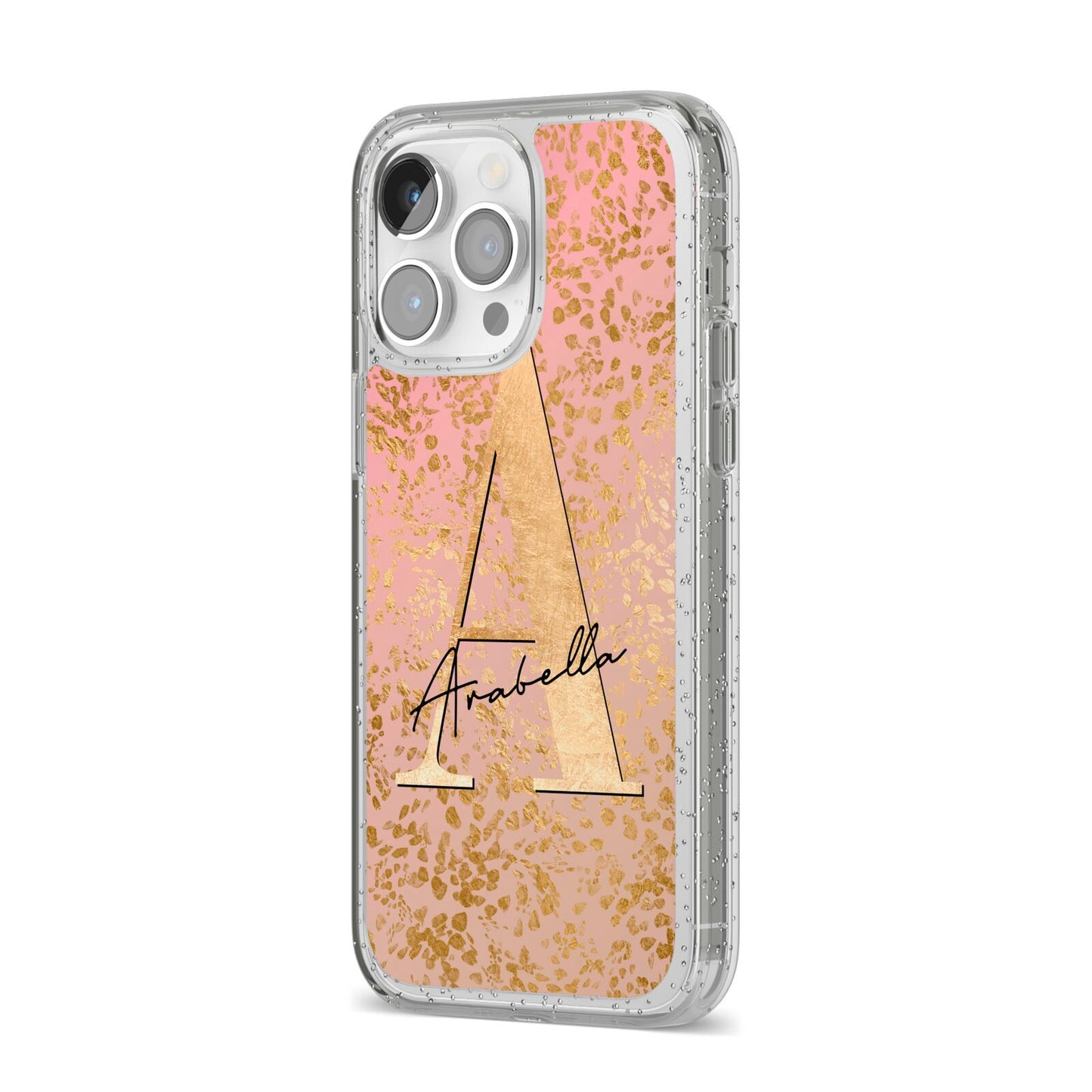 Personalised Pink Gold Cheetah iPhone 14 Pro Max Glitter Tough Case Silver Angled Image