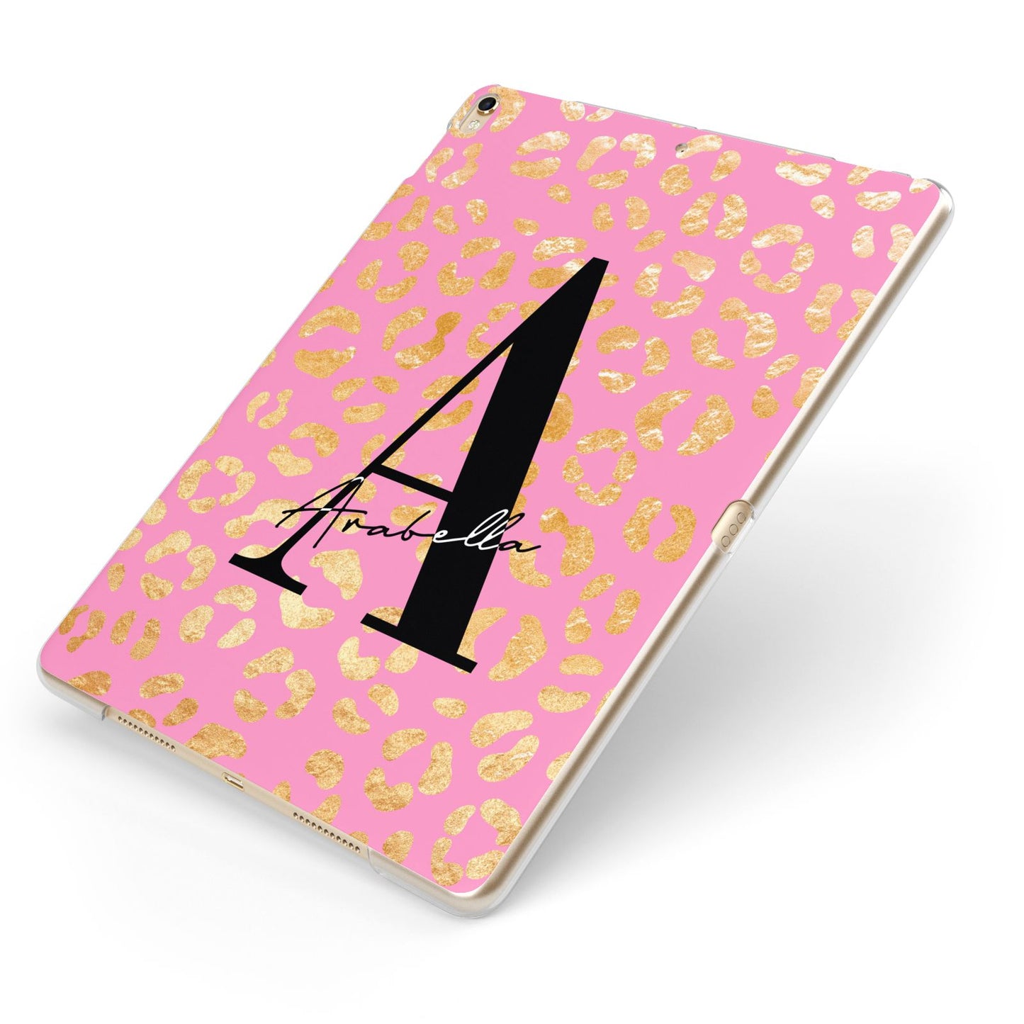 Personalised Pink Gold Leopard Print Apple iPad Case on Gold iPad Side View