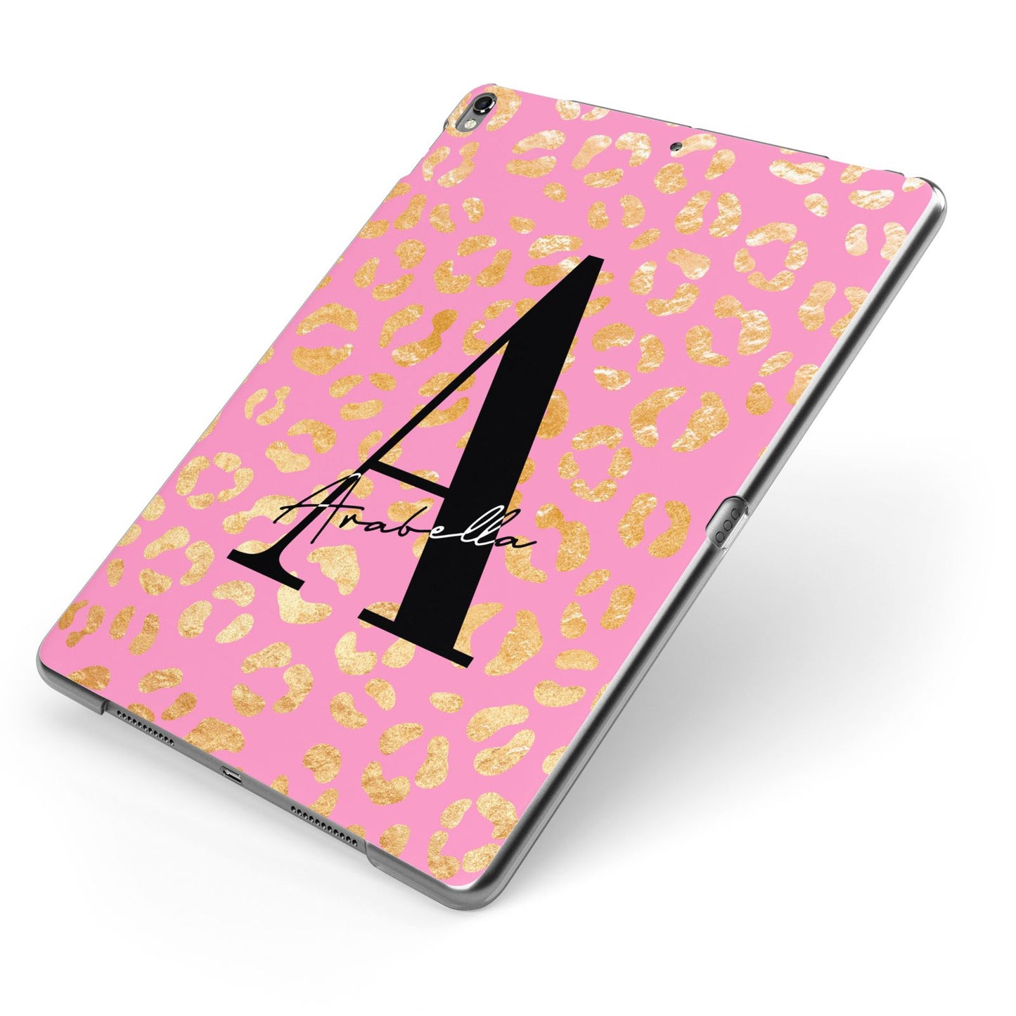 Personalised Pink Gold Leopard Print Apple iPad Case on Grey iPad Side View