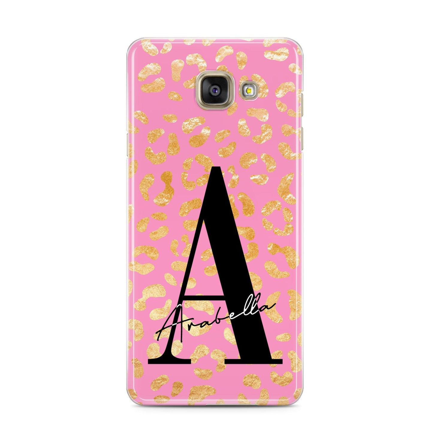 Personalised Pink Gold Leopard Print Samsung Galaxy A3 2016 Case on gold phone