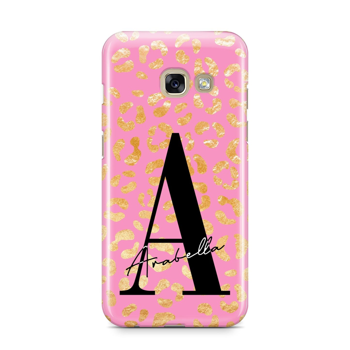 Personalised Pink Gold Leopard Print Samsung Galaxy A3 2017 Case on gold phone