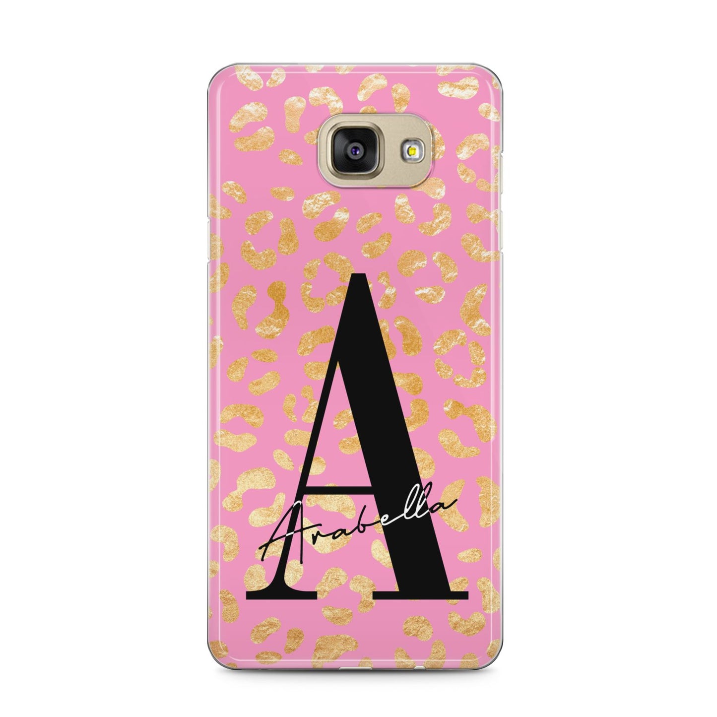 Personalised Pink Gold Leopard Print Samsung Galaxy A5 2016 Case on gold phone