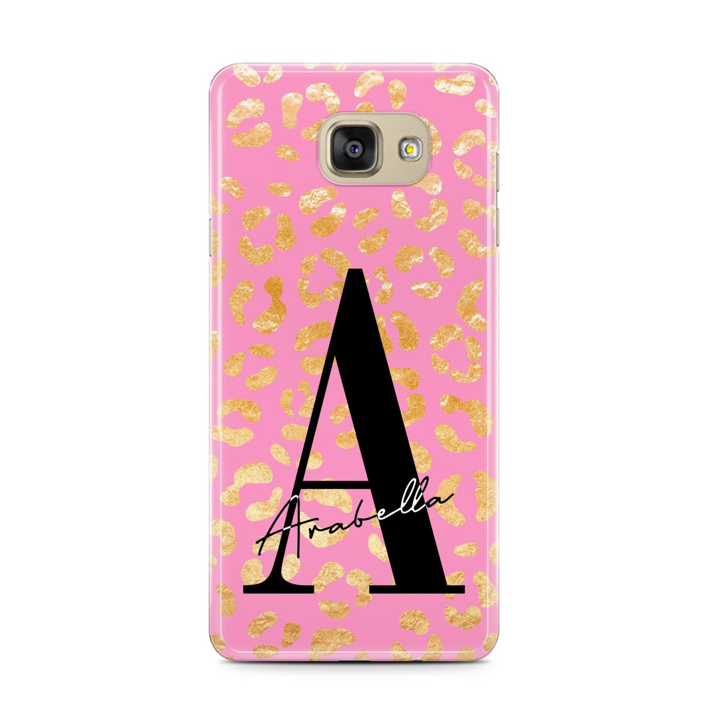 Personalised Pink Gold Leopard Print Samsung Galaxy A7 2016 Case on gold phone