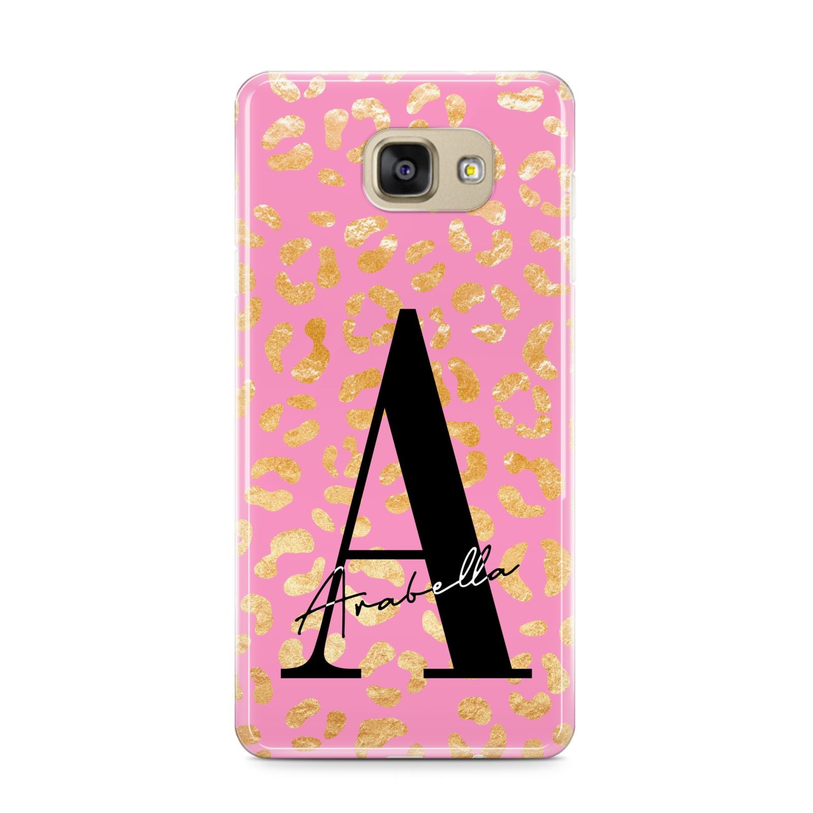 Personalised Pink Gold Leopard Print Samsung Galaxy A9 2016 Case on gold phone