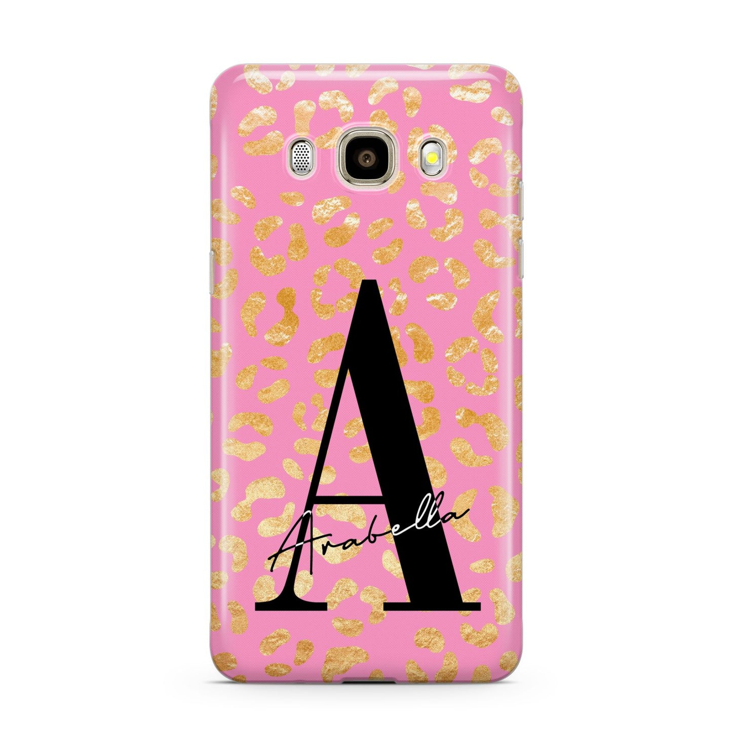 Personalised Pink Gold Leopard Print Samsung Galaxy J7 2016 Case on gold phone