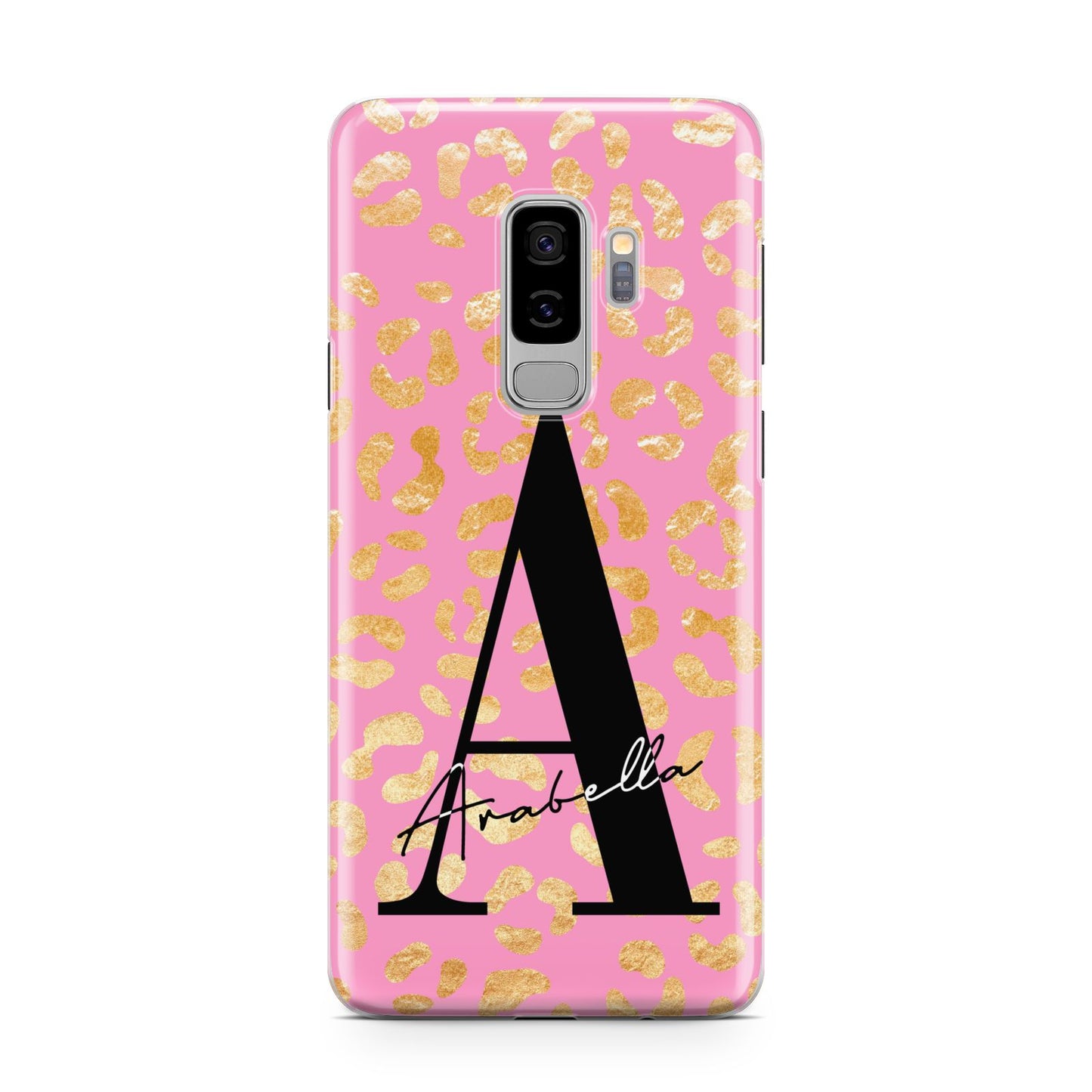 Personalised Pink Gold Leopard Print Samsung Galaxy S9 Plus Case on Silver phone