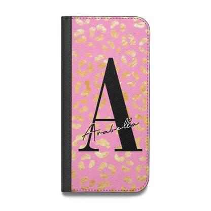 Personalised Pink Gold Leopard Print Vegan Leather Flip iPhone Case