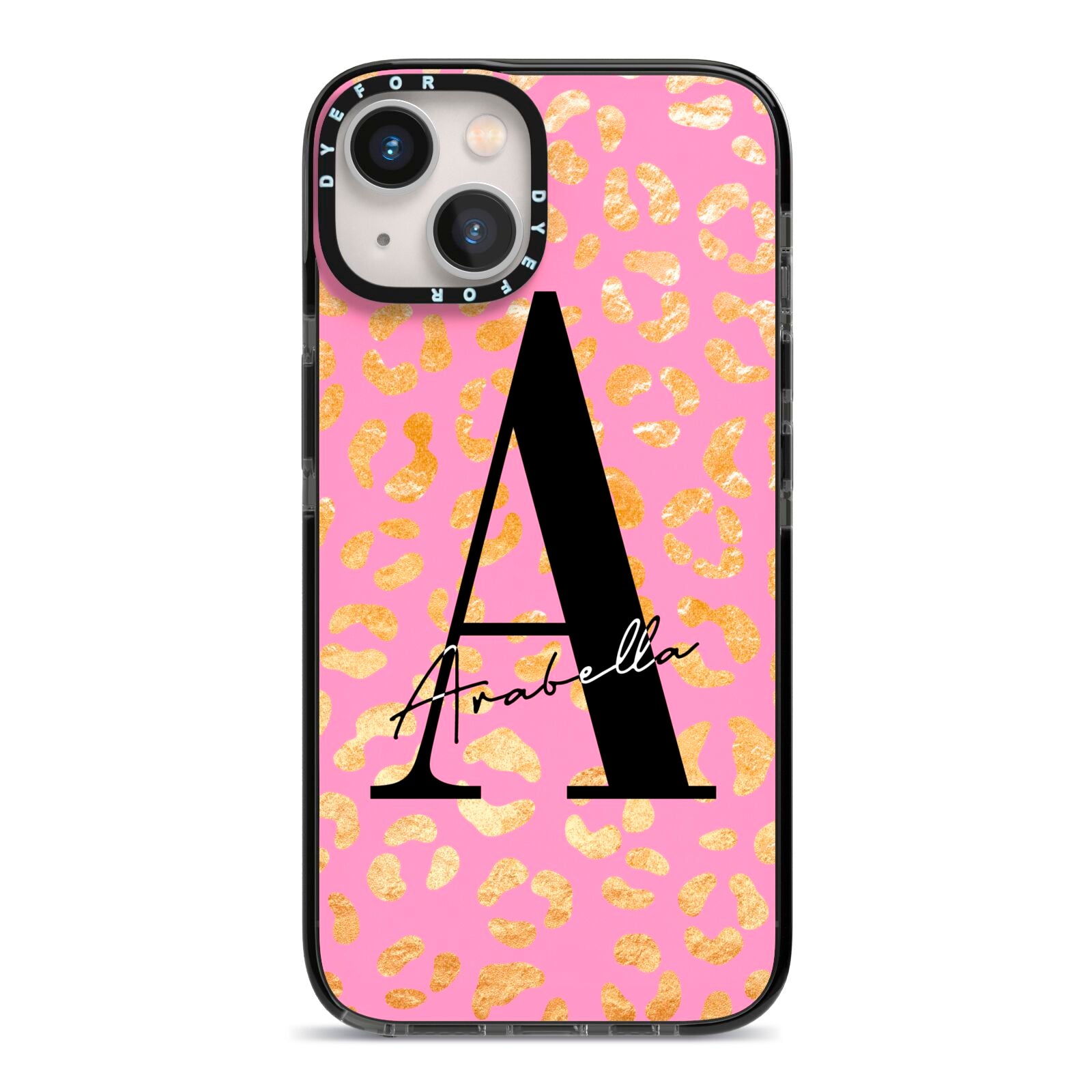 Personalised Pink Gold Leopard Print iPhone 13 Black Impact Case on Silver phone