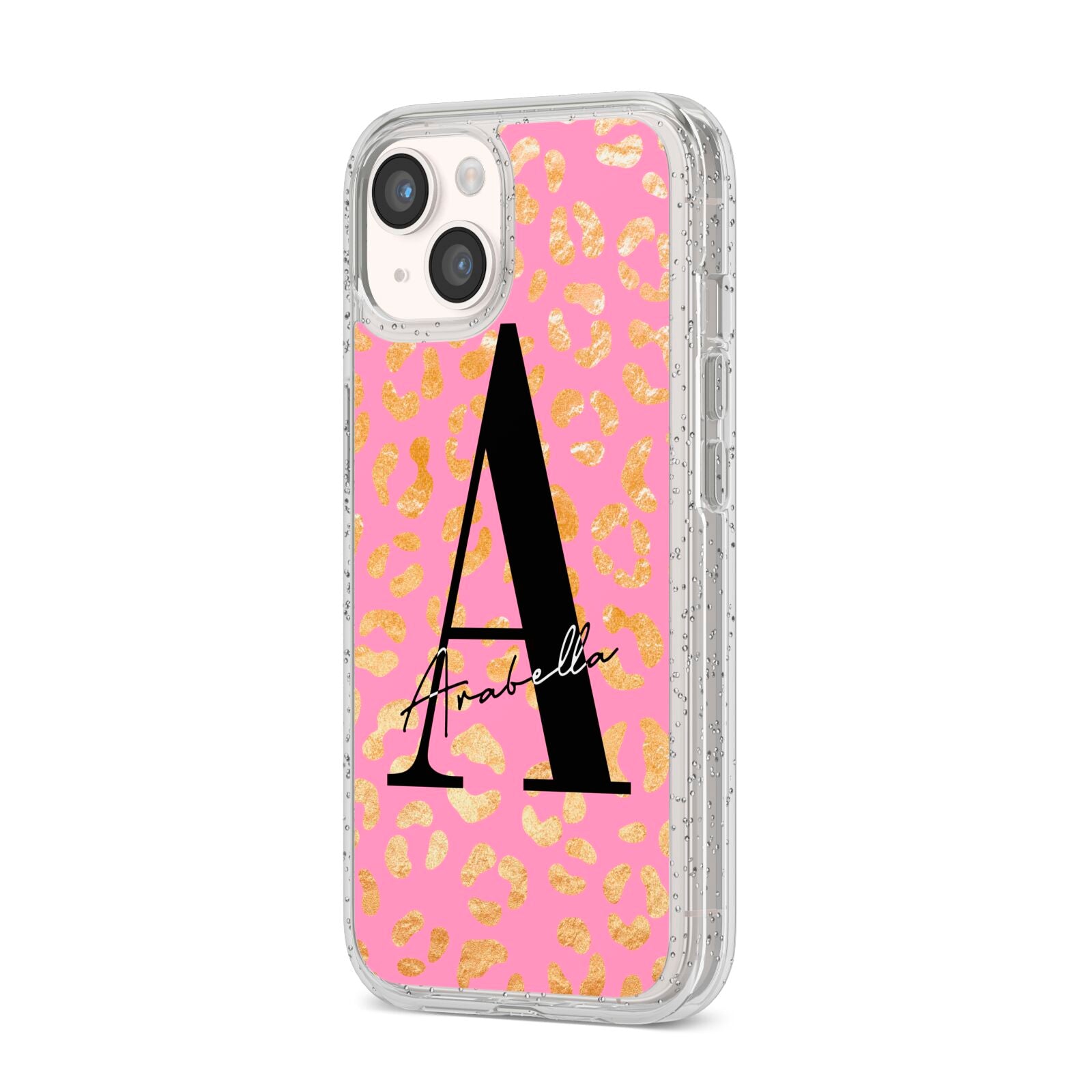 Personalised Pink Gold Leopard Print iPhone 14 Glitter Tough Case Starlight Angled Image