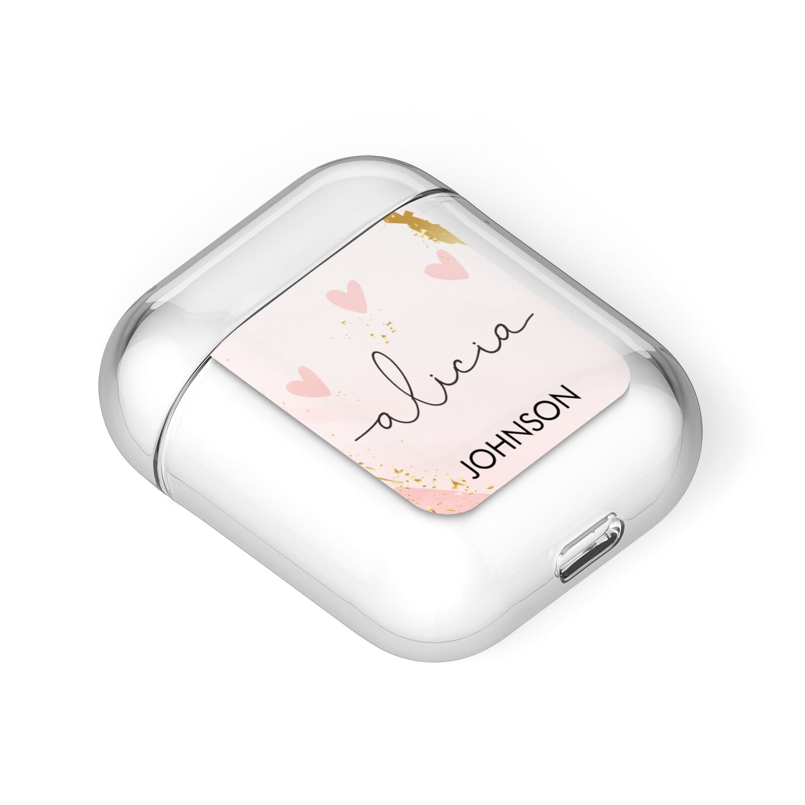 Personalised Pink Gold Marble Names AirPods Case Laid Flat