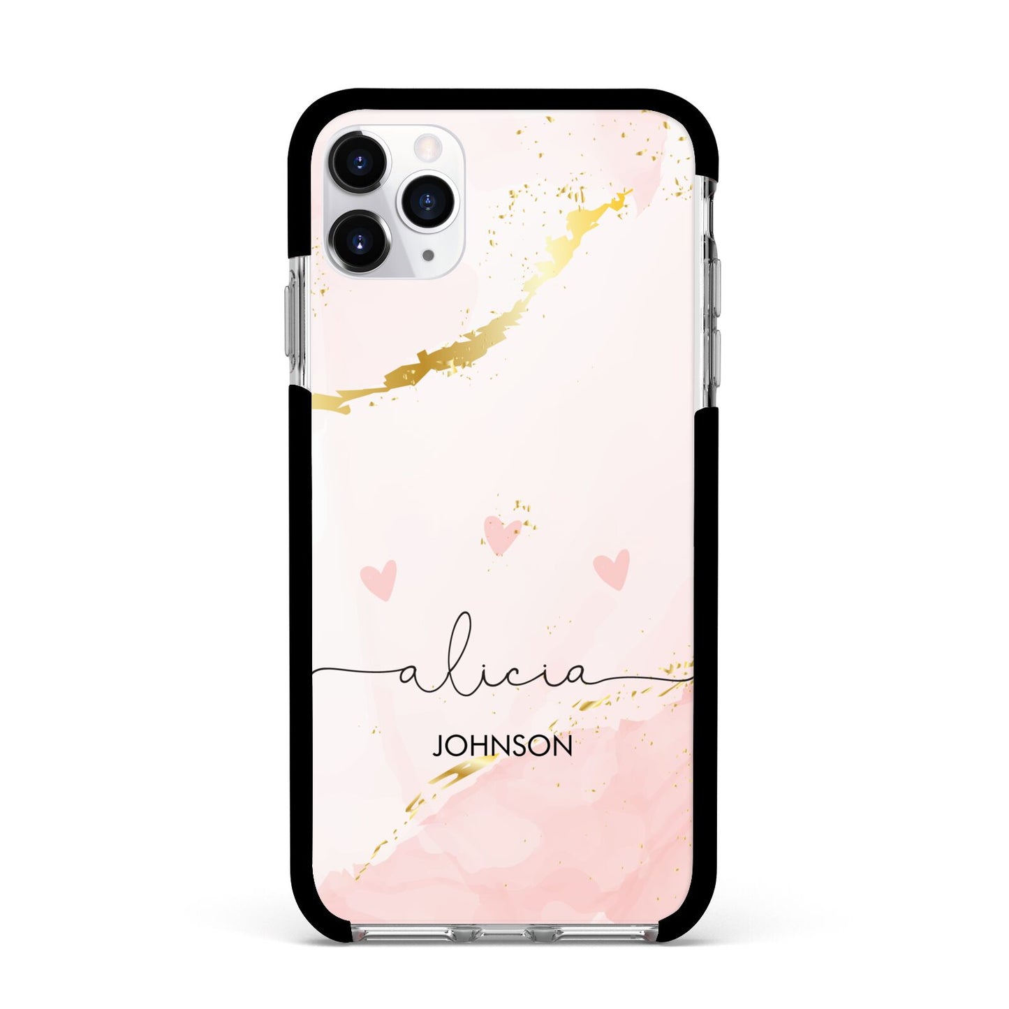 Personalised Pink Gold Marble Names Apple iPhone 11 Pro Max in Silver with Black Impact Case