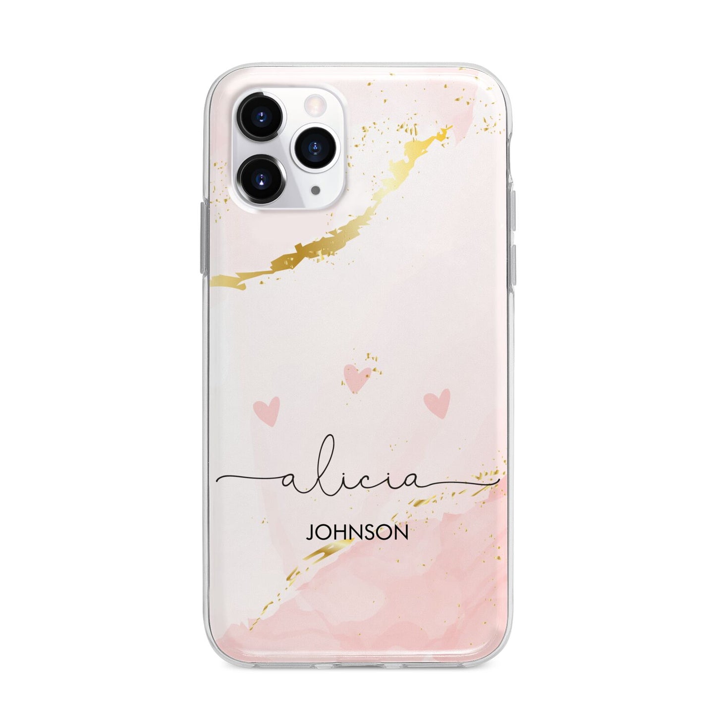 Personalised Pink Gold Marble Names Apple iPhone 11 Pro Max in Silver with Bumper Case
