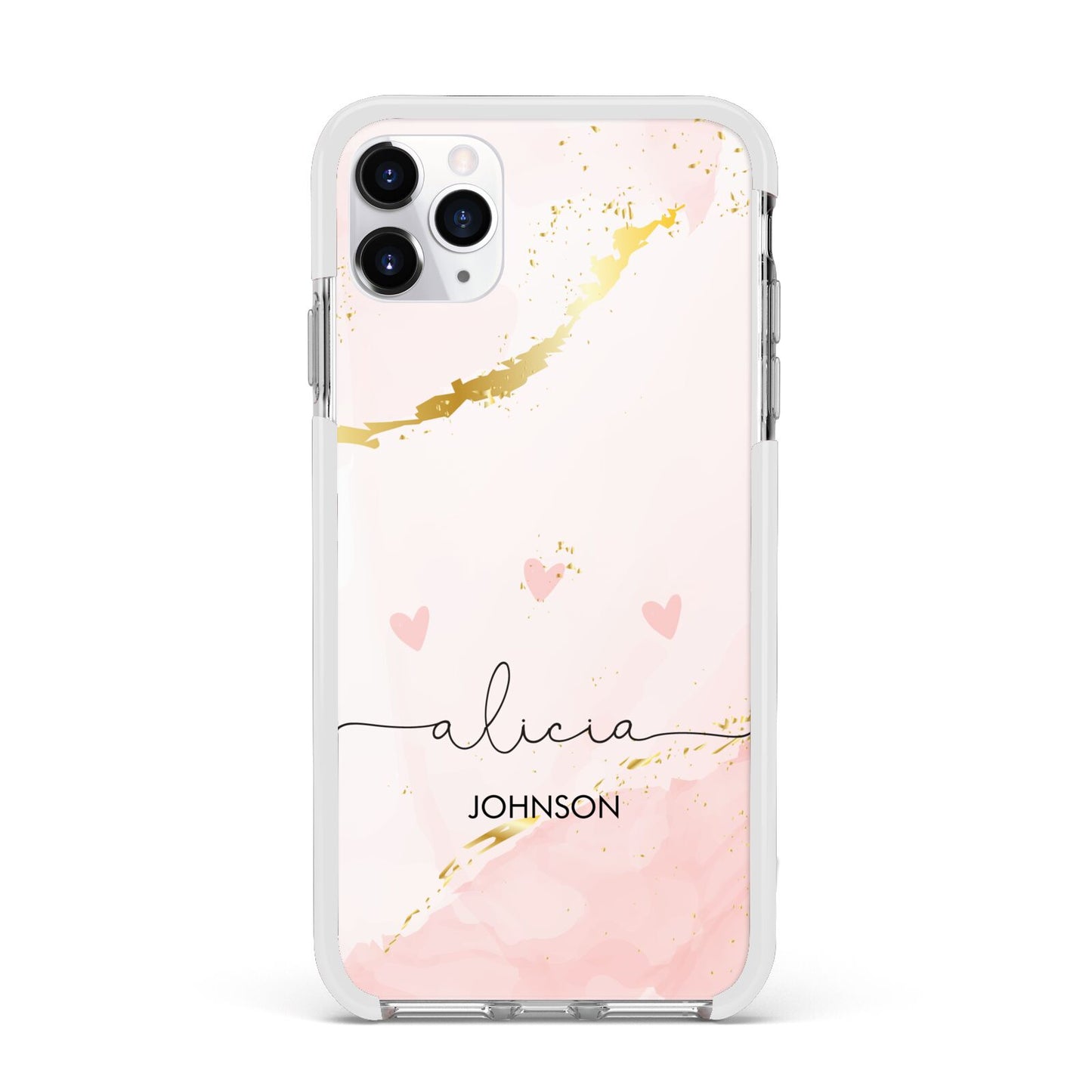 Personalised Pink Gold Marble Names Apple iPhone 11 Pro Max in Silver with White Impact Case