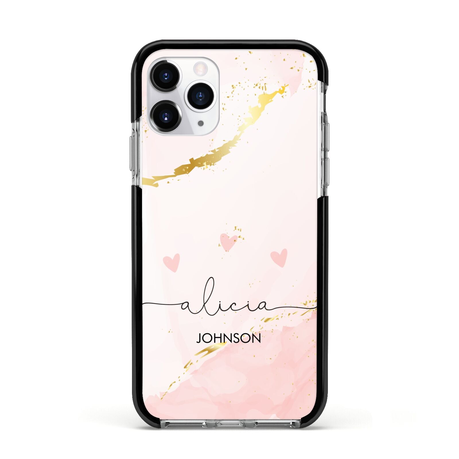 Personalised Pink Gold Marble Names Apple iPhone 11 Pro in Silver with Black Impact Case