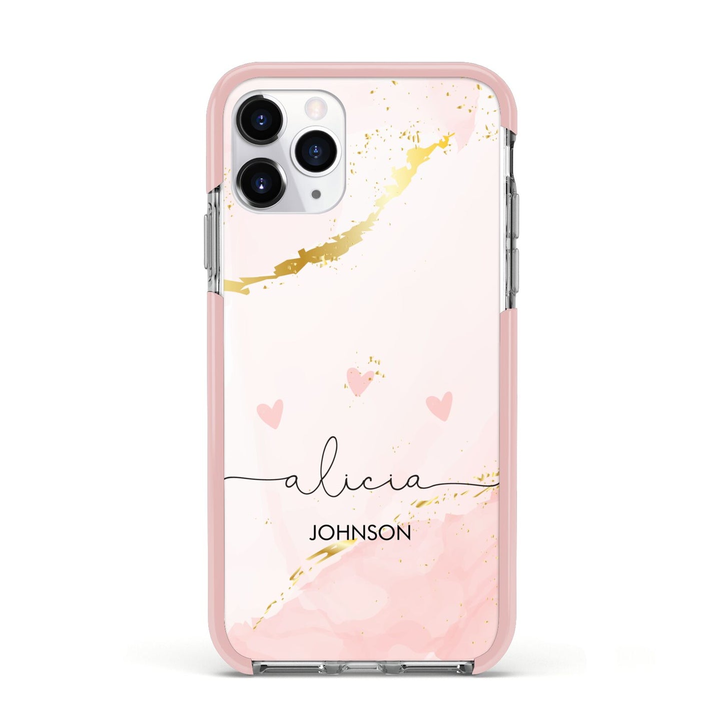 Personalised Pink Gold Marble Names Apple iPhone 11 Pro in Silver with Pink Impact Case