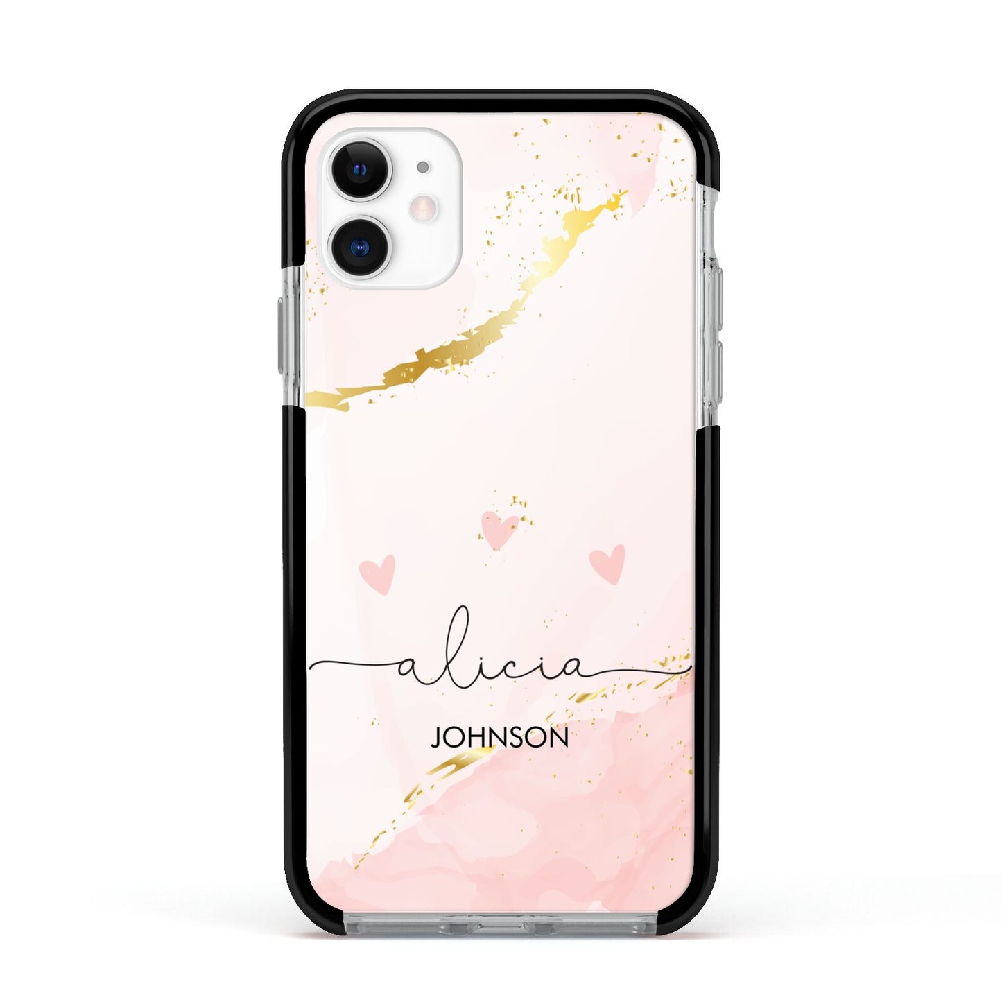 Personalised Pink Gold Marble Names Apple iPhone 11 in White with Black Impact Case
