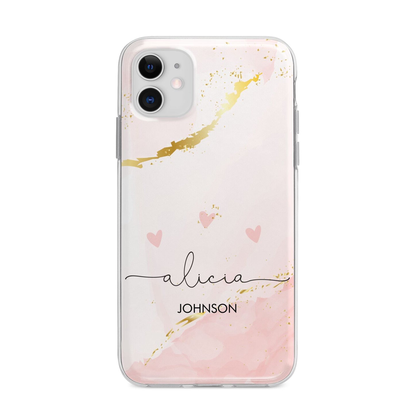 Personalised Pink Gold Marble Names Apple iPhone 11 in White with Bumper Case