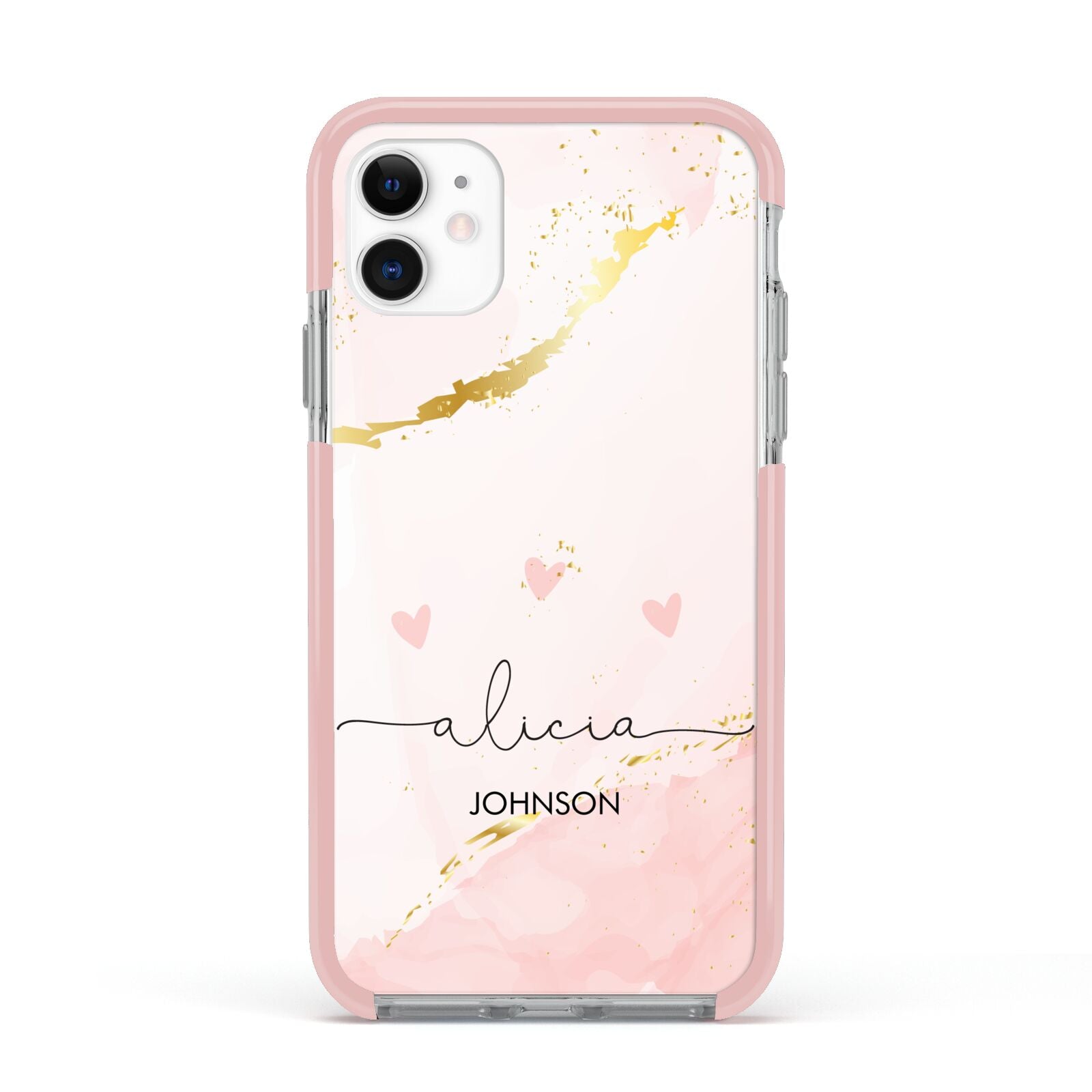 Personalised Pink Gold Marble Names Apple iPhone 11 in White with Pink Impact Case