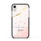Personalised Pink Gold Marble Names Apple iPhone XR Impact Case Black Edge on Silver Phone