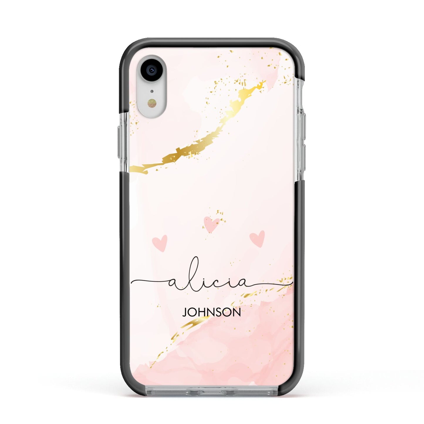 Personalised Pink Gold Marble Names Apple iPhone XR Impact Case Black Edge on Silver Phone