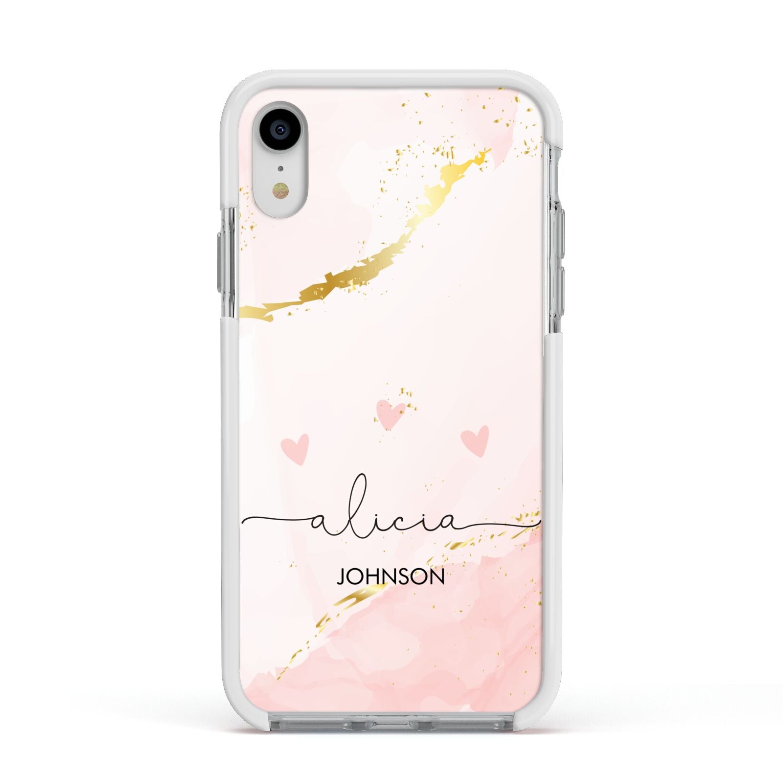 Personalised Pink Gold Marble Names Apple iPhone XR Impact Case White Edge on Silver Phone