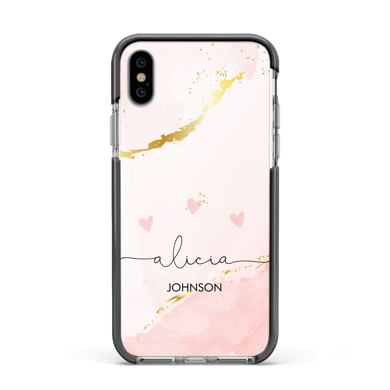 Personalised Pink Gold Marble Names Apple iPhone Xs Impact Case Black Edge on Silver Phone