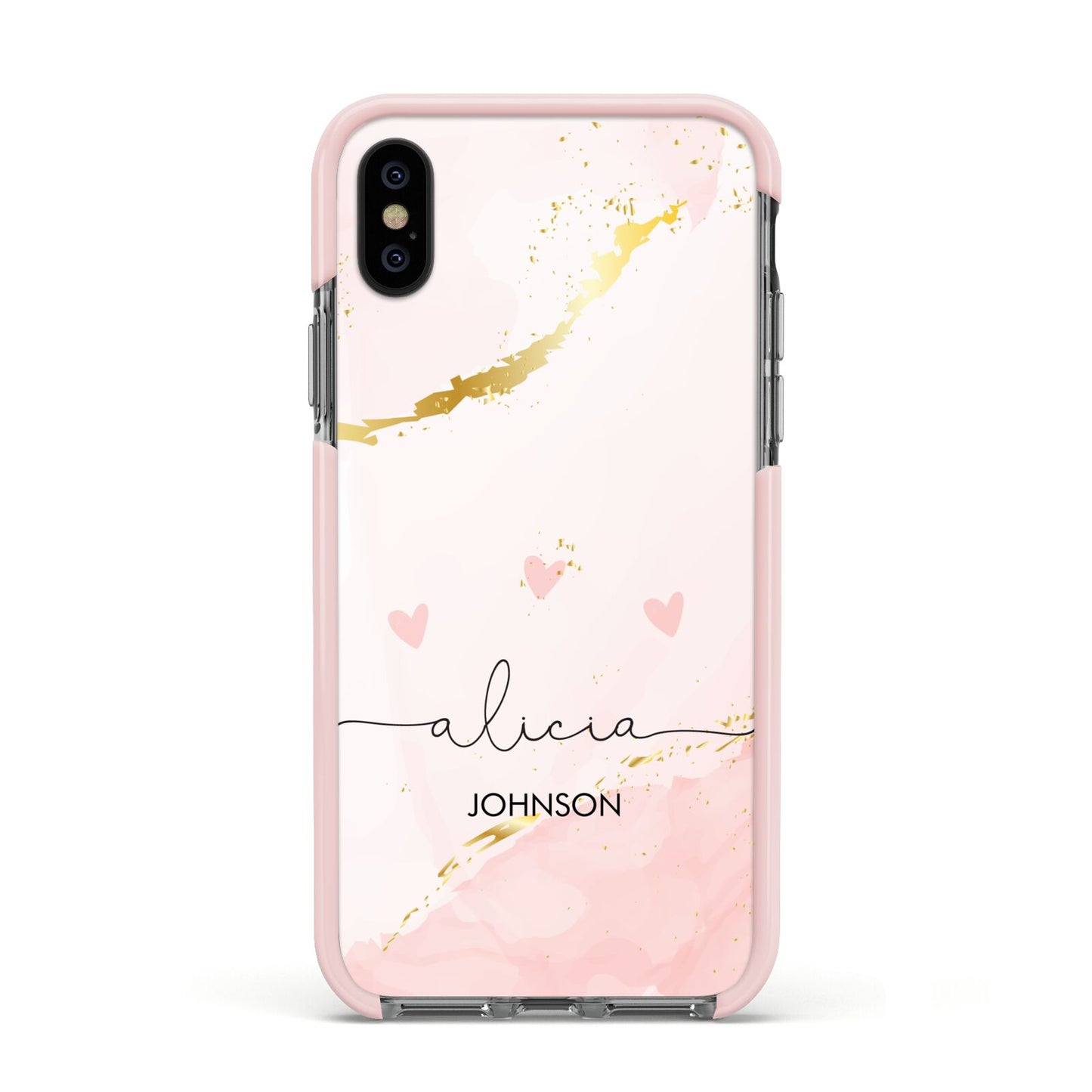 Personalised Pink Gold Marble Names Apple iPhone Xs Impact Case Pink Edge on Black Phone