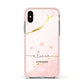 Personalised Pink Gold Marble Names Apple iPhone Xs Impact Case Pink Edge on Silver Phone