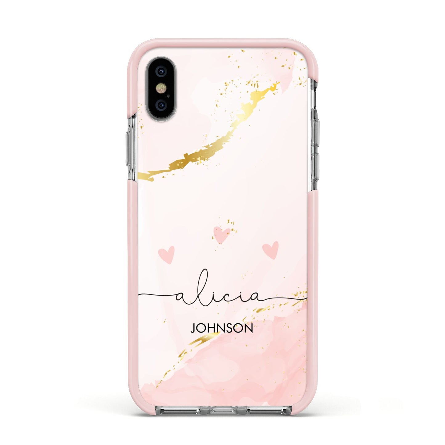 Personalised Pink Gold Marble Names Apple iPhone Xs Impact Case Pink Edge on Silver Phone