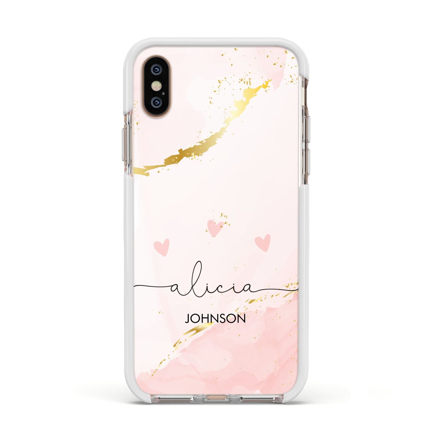 Personalised Pink Gold Marble Names Apple iPhone Xs Impact Case White Edge on Gold Phone