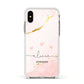 Personalised Pink Gold Marble Names Apple iPhone Xs Impact Case White Edge on Silver Phone
