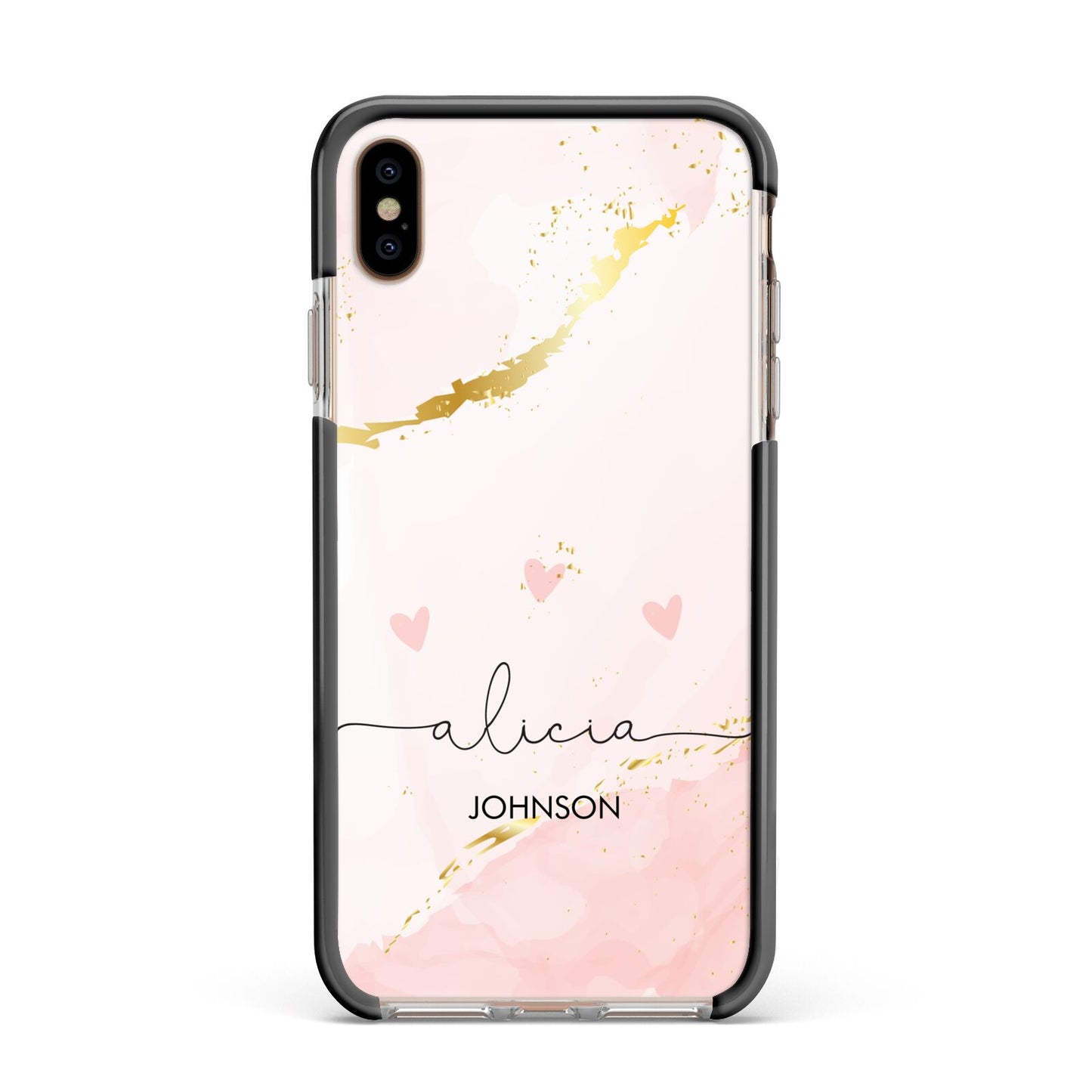 Personalised Pink Gold Marble Names Apple iPhone Xs Max Impact Case Black Edge on Gold Phone