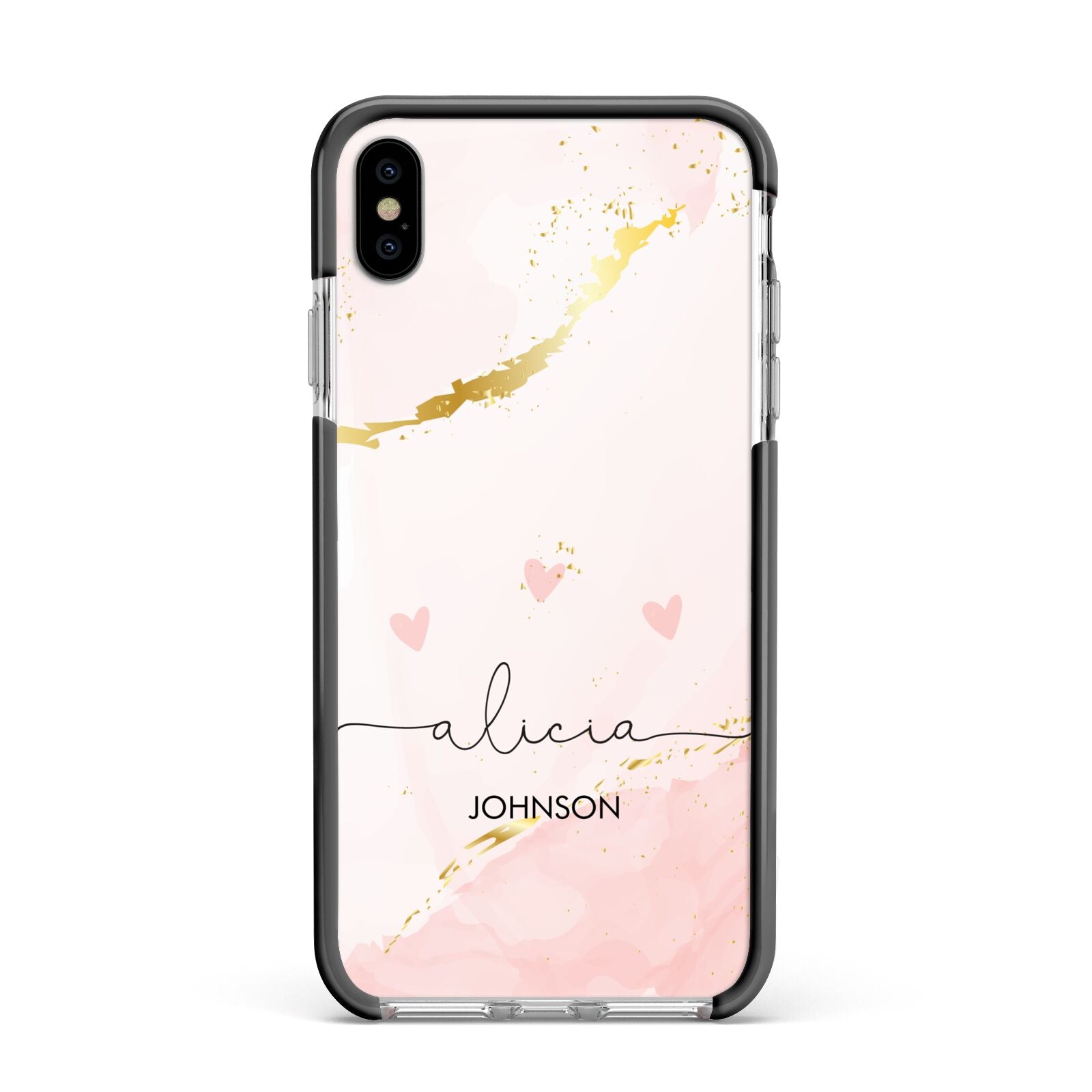 Personalised Pink Gold Marble Names Apple iPhone Xs Max Impact Case Black Edge on Silver Phone